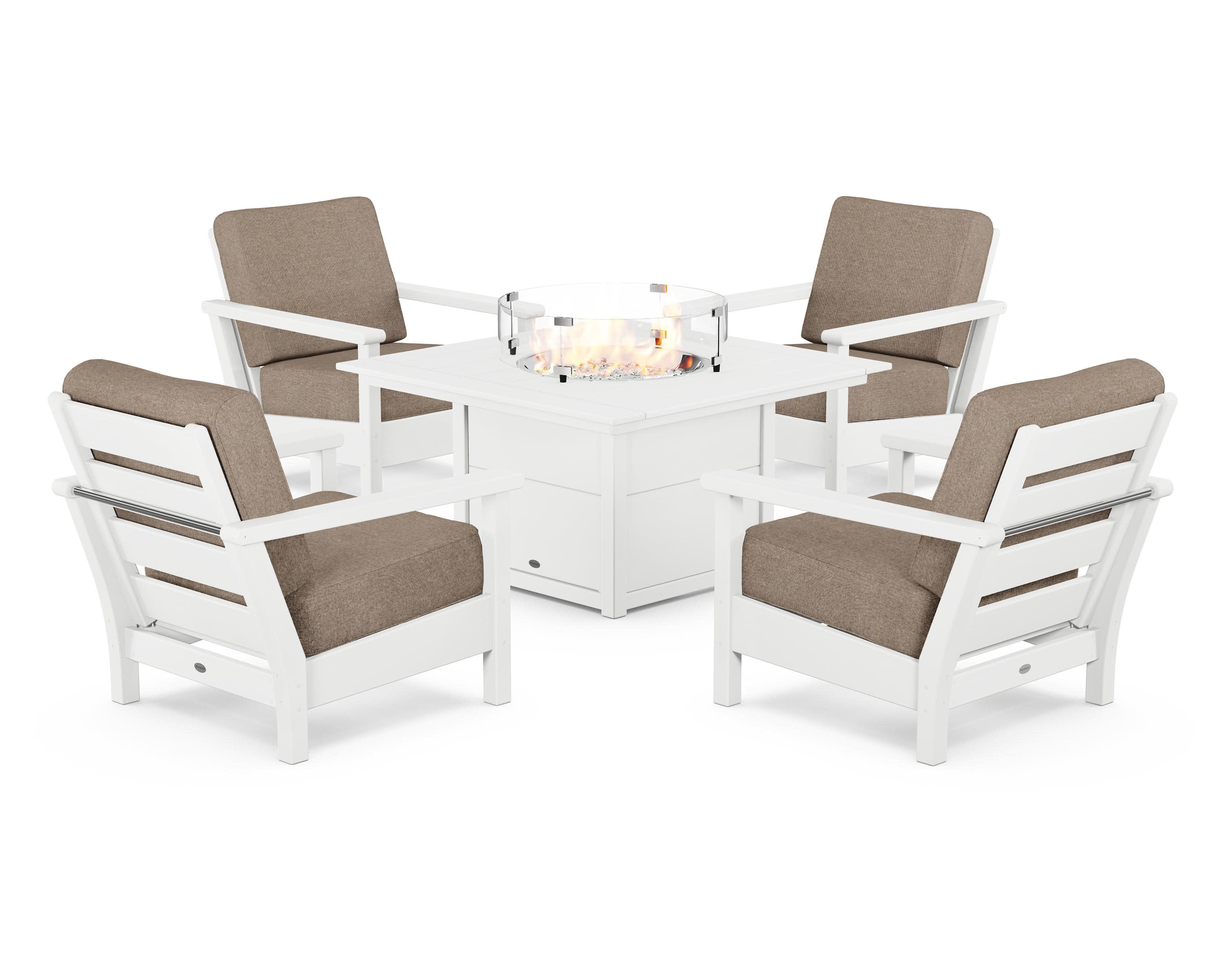 Harbour 5-Piece Conversation Set with Fire Pit Table in White / Spiced Burlap