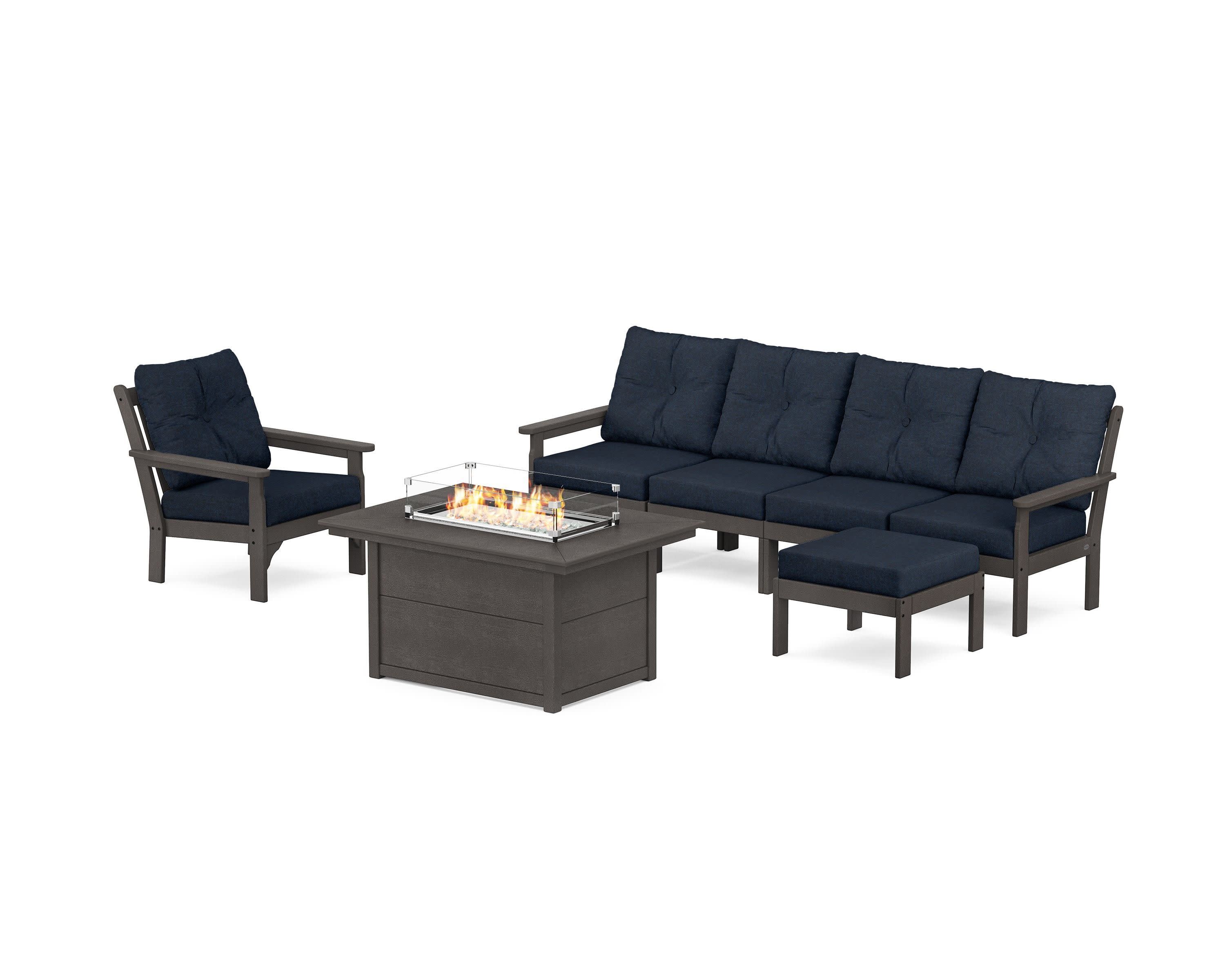 Vineyard Sectional Lounge and Fire Pit Set in Vintage Coffee / Marine Indigo