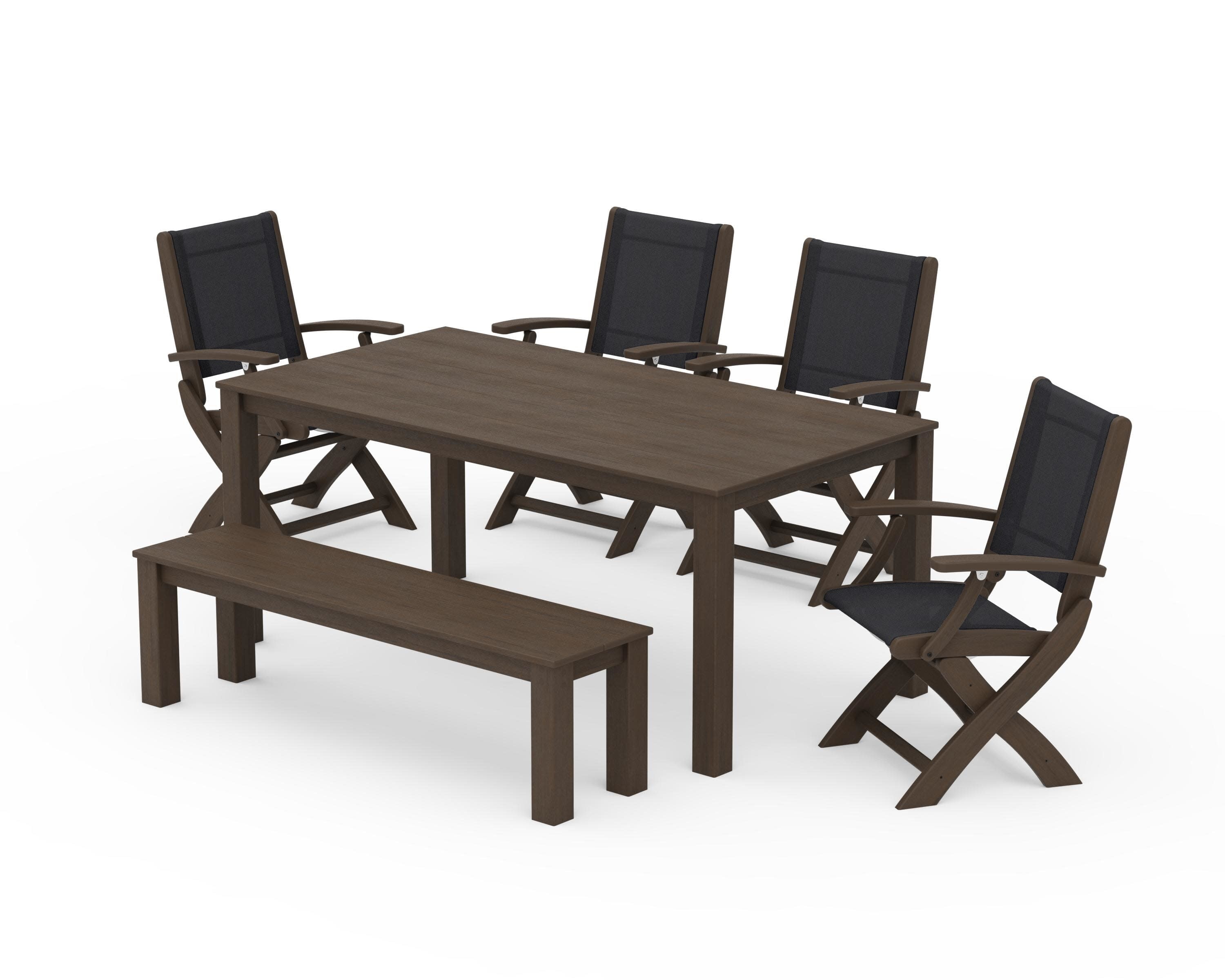 Coastal Folding Chair 6-Piece Parsons Dining Set with Bench in Kona / Black Sling