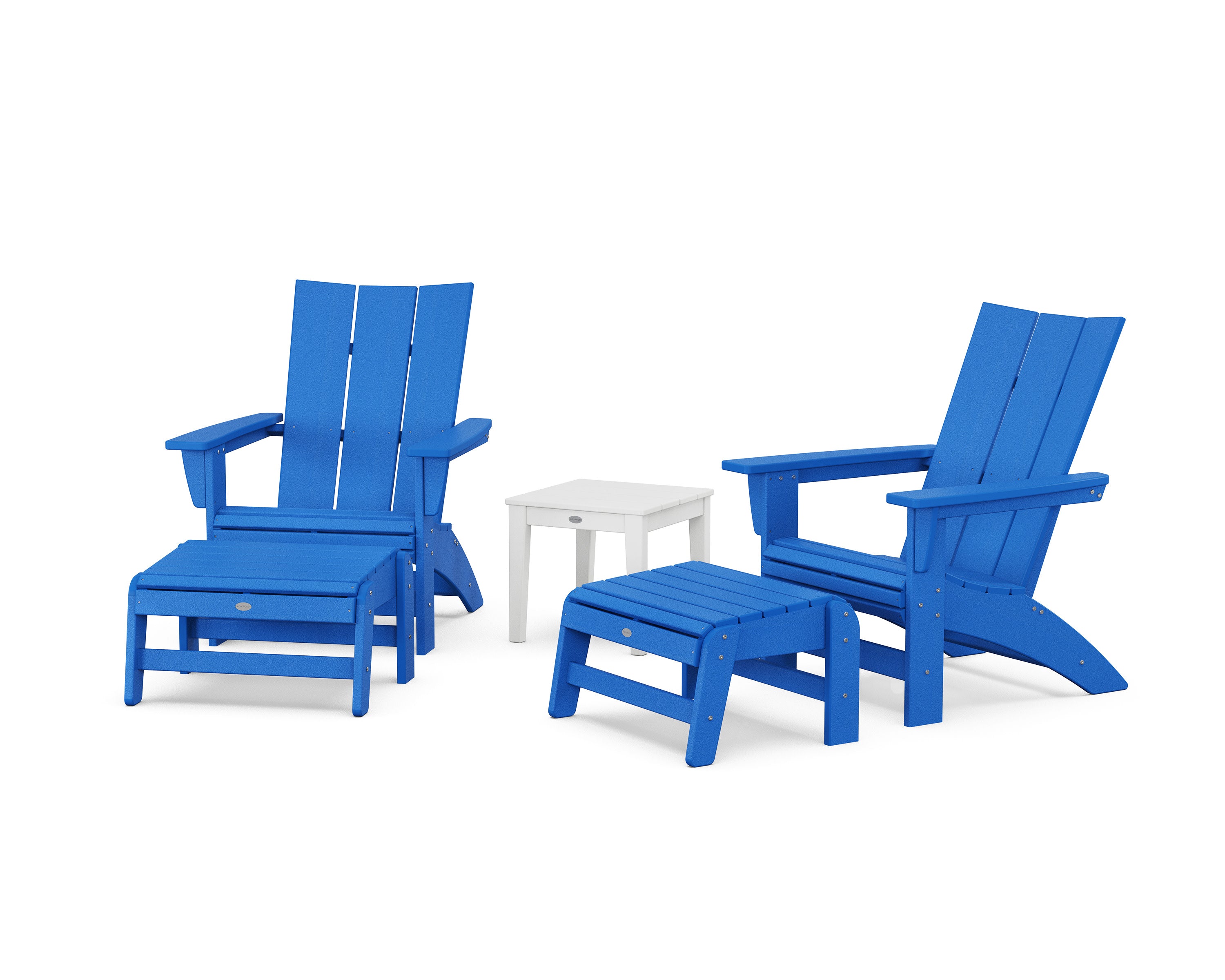 5-Piece Modern Grand Adirondack Set with Ottomans and Side Table in Pacific Blue / White