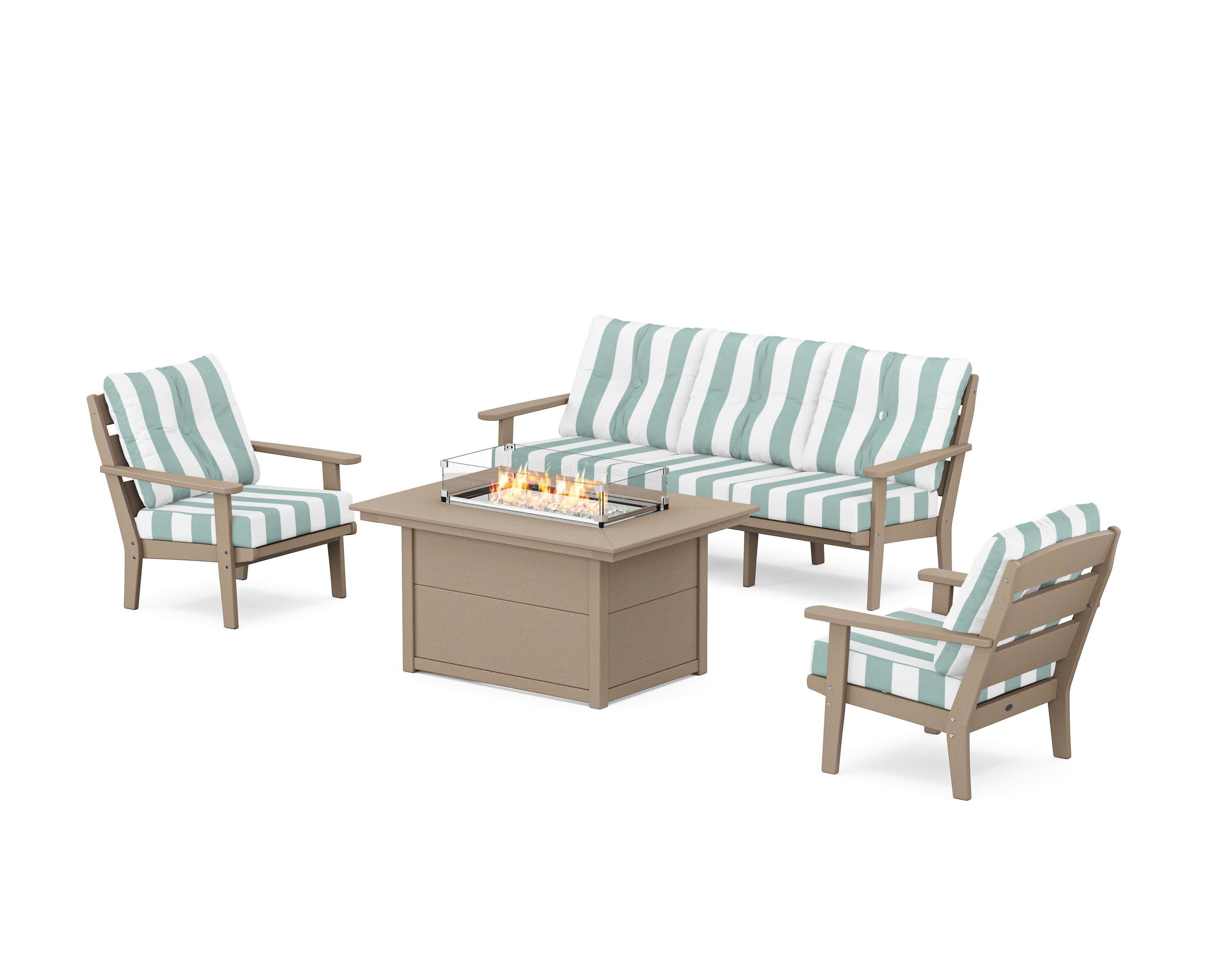 Lakeside Deep Seating Fire Pit Table Set in Vintage Sahara / Cabana Stripe Glacier Spa