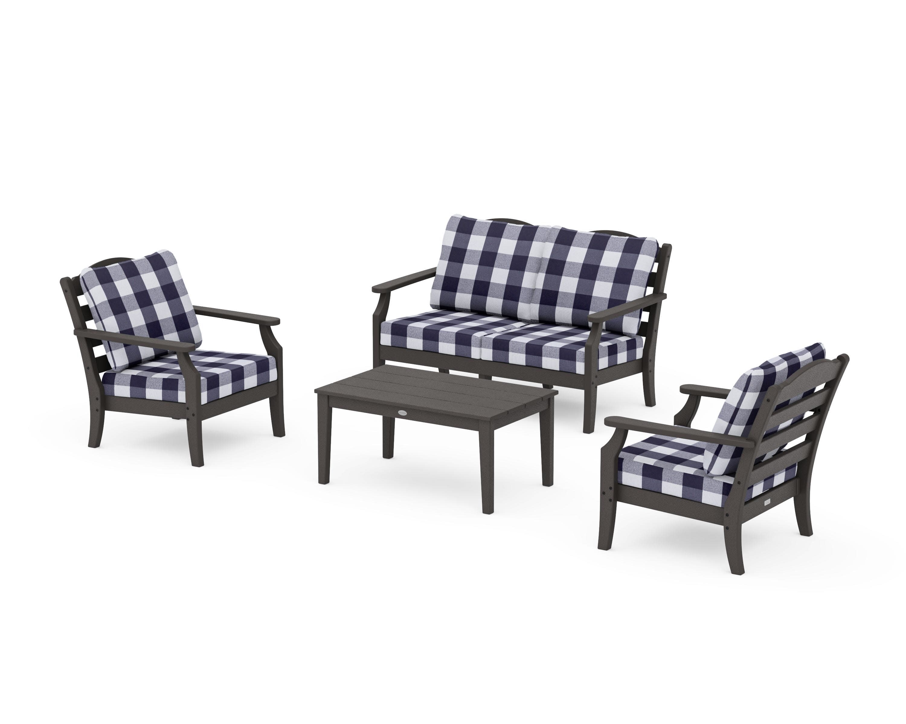 Savannah 4-Piece Deep Seating Set with Loveseat in Vintage Coffee / Buffalo Plaid Navy