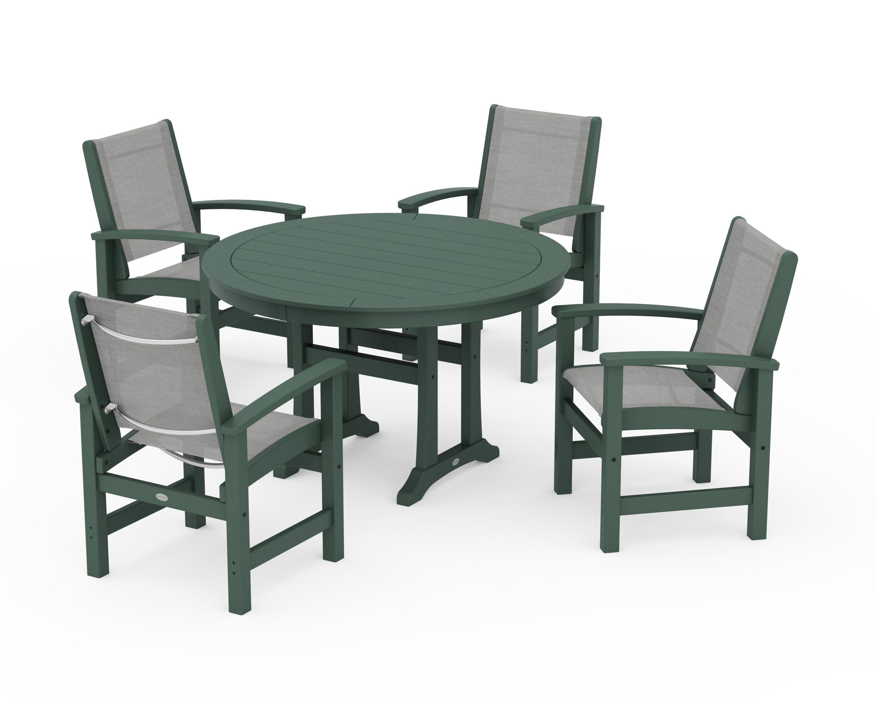 Coastal 5-Piece Round Dining Set with Trestle Legs in Green / Metallic Sling