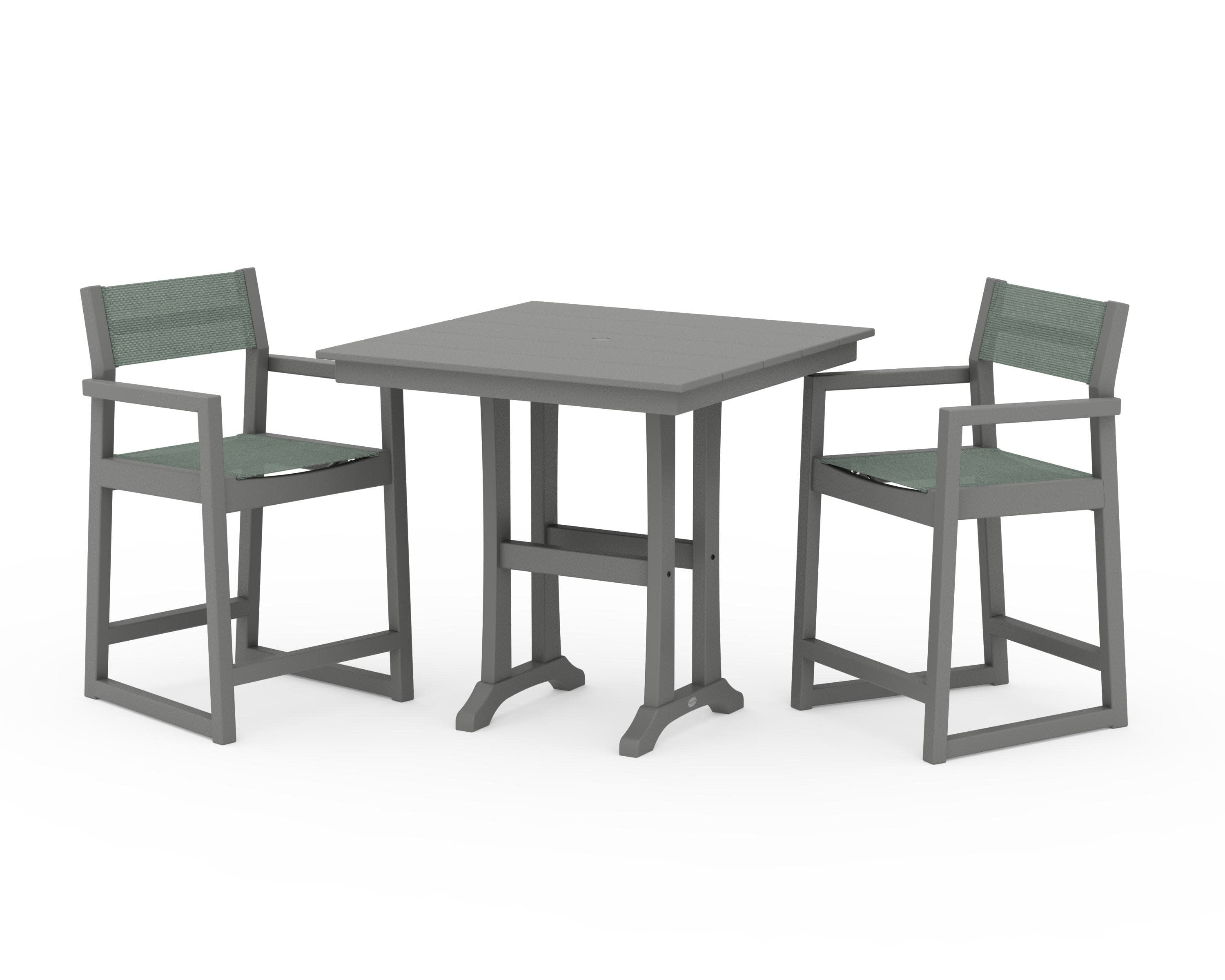 EDGE Sling Arm Chair 3-Piece Farmhouse Counter Set with Trestle Legs in Slate Grey / Dupioni Sea Mist Sling