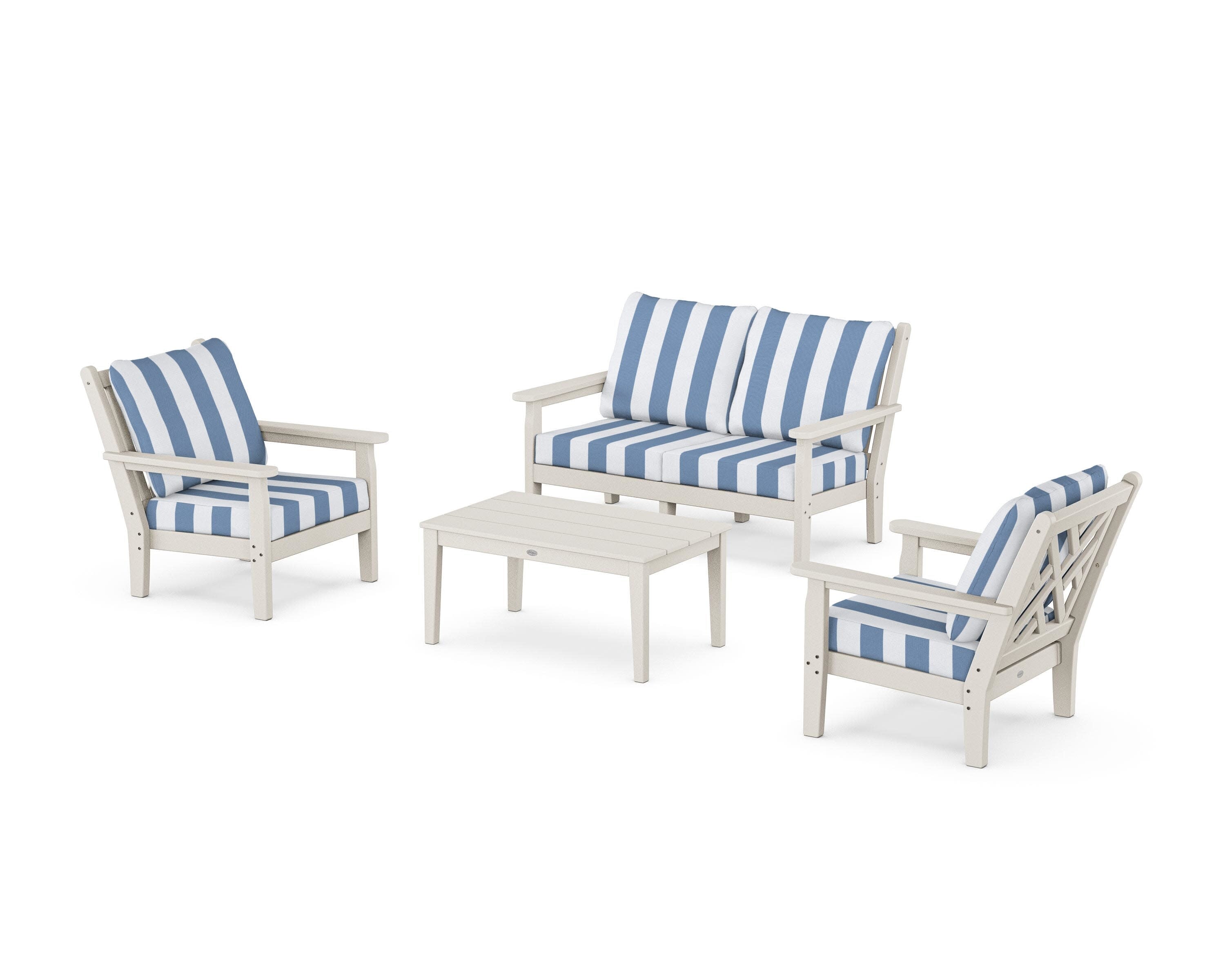 Chippendale 4-Piece Deep Seating Set with Loveseat in Sand / Cabana Stripe Sky Blue