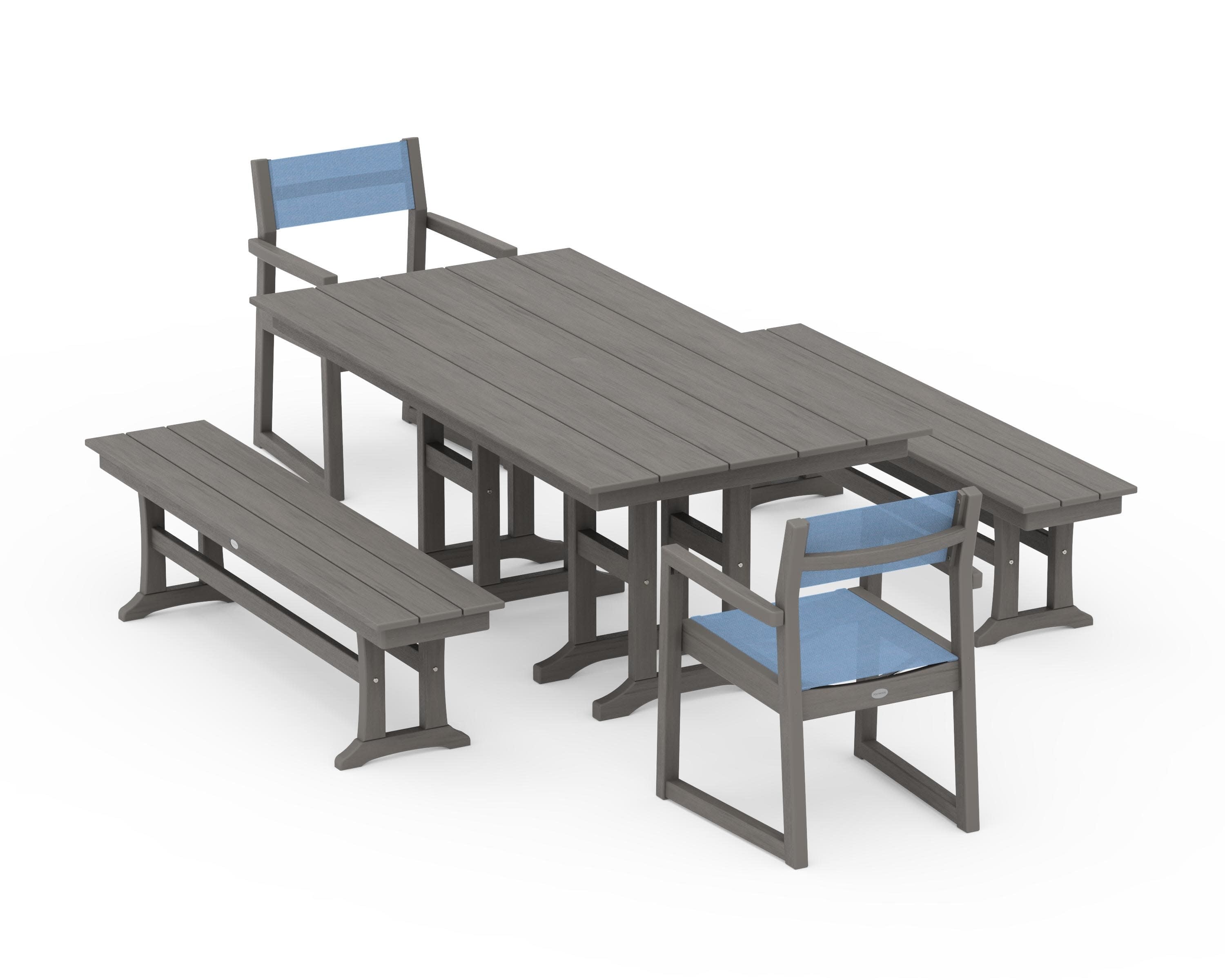 EDGE Sling Arm Chair 5-Piece Farmhouse Dining Set with Benches in Driftwood / Poolside Sling