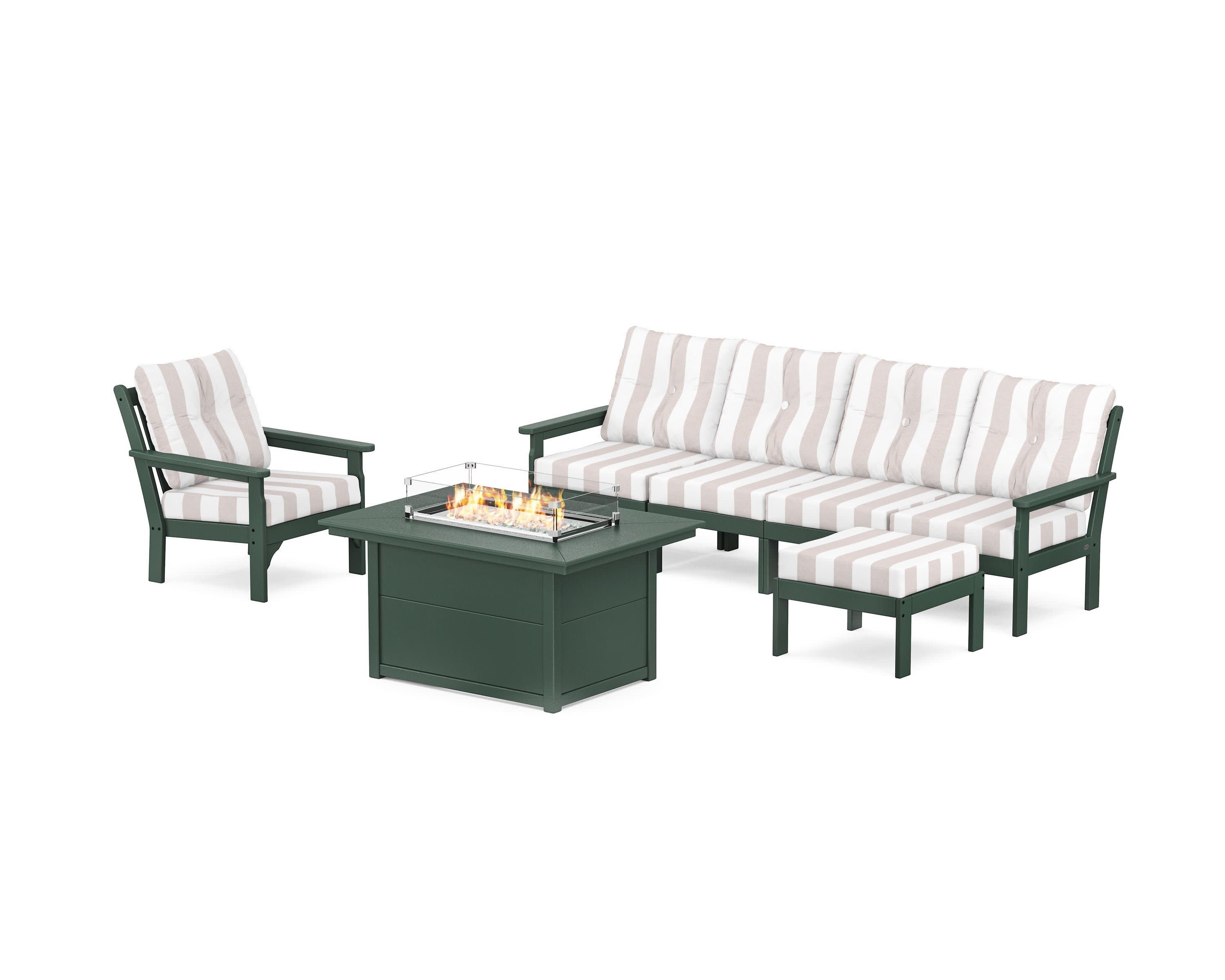 Vineyard Sectional Lounge and Fire Pit Set in Green / Cabana Stripe Dune Burlap