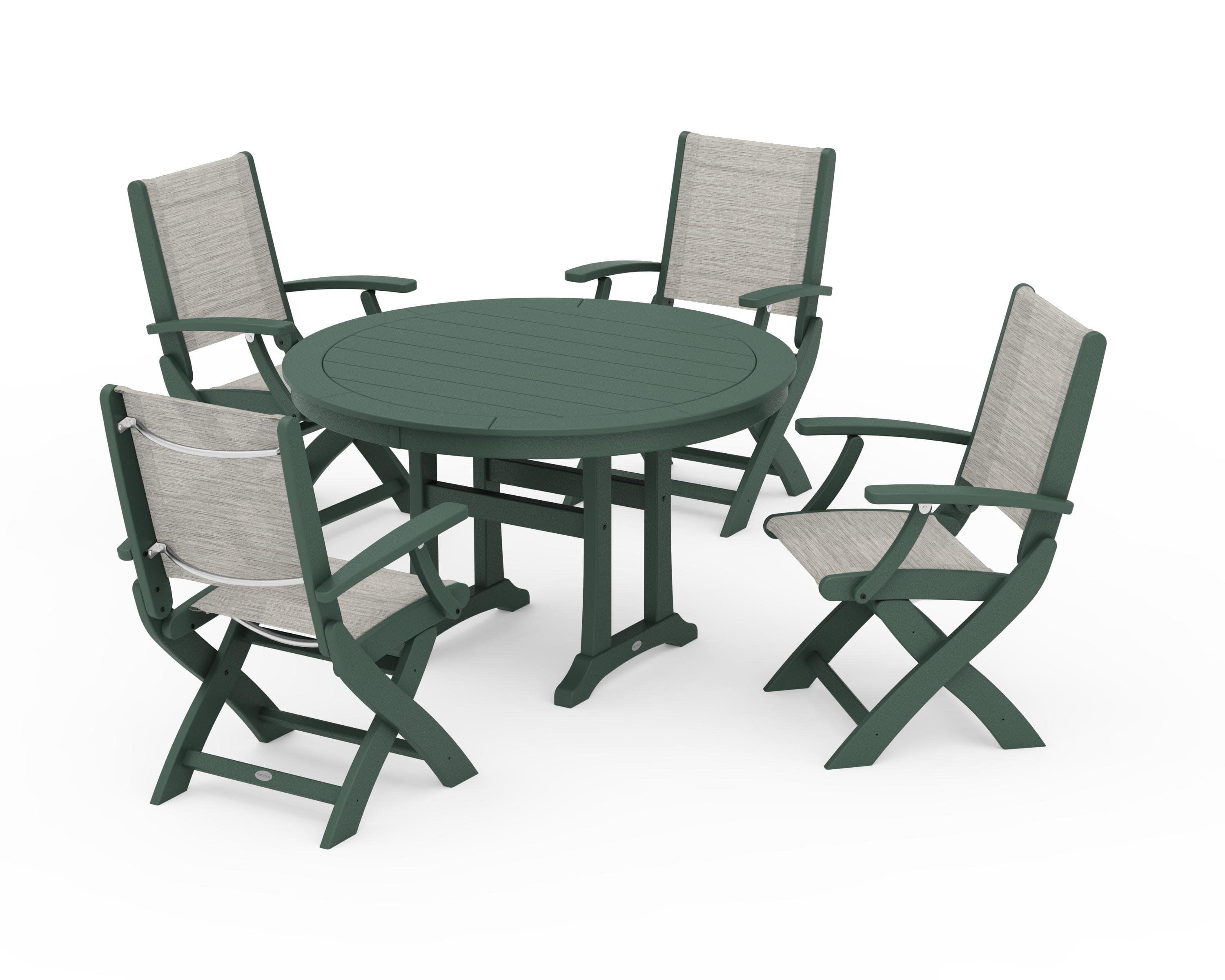 Coastal Folding Chair 5-Piece Round Dining Set with Trestle Legs in Green / Birch Sling