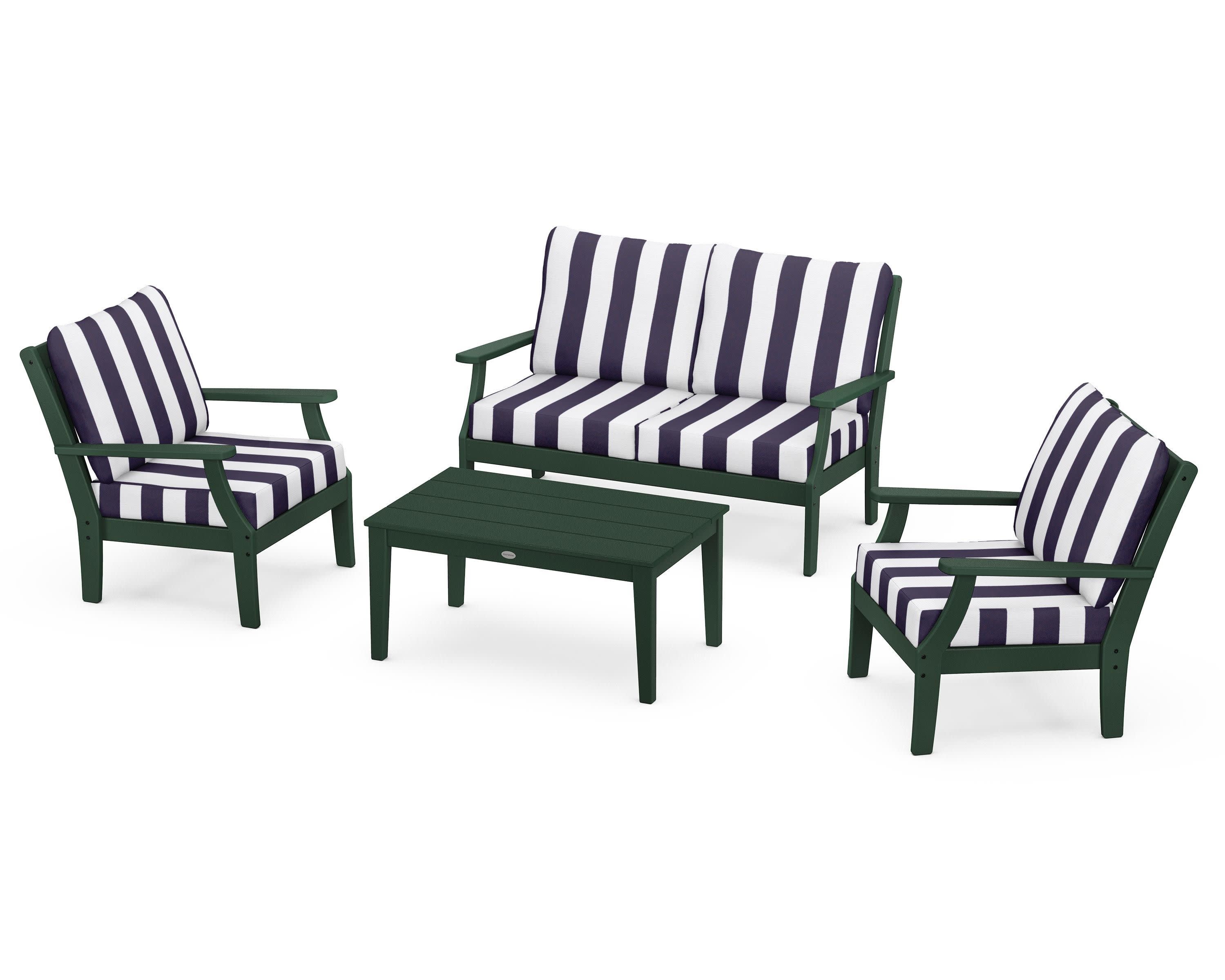 Braxton 4-Piece Deep Seating Chair Set in Green / Cabana Stripe Navy