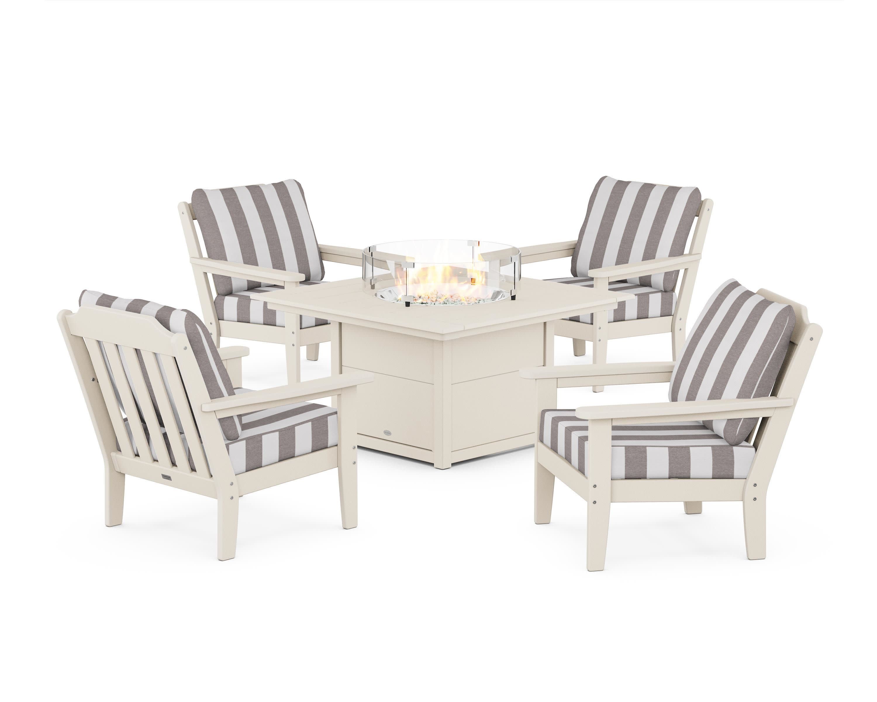 Cottage 5-Piece Deep Seating Set with Fire Pit Table in Sand / Cabana Stripe Grey Mist