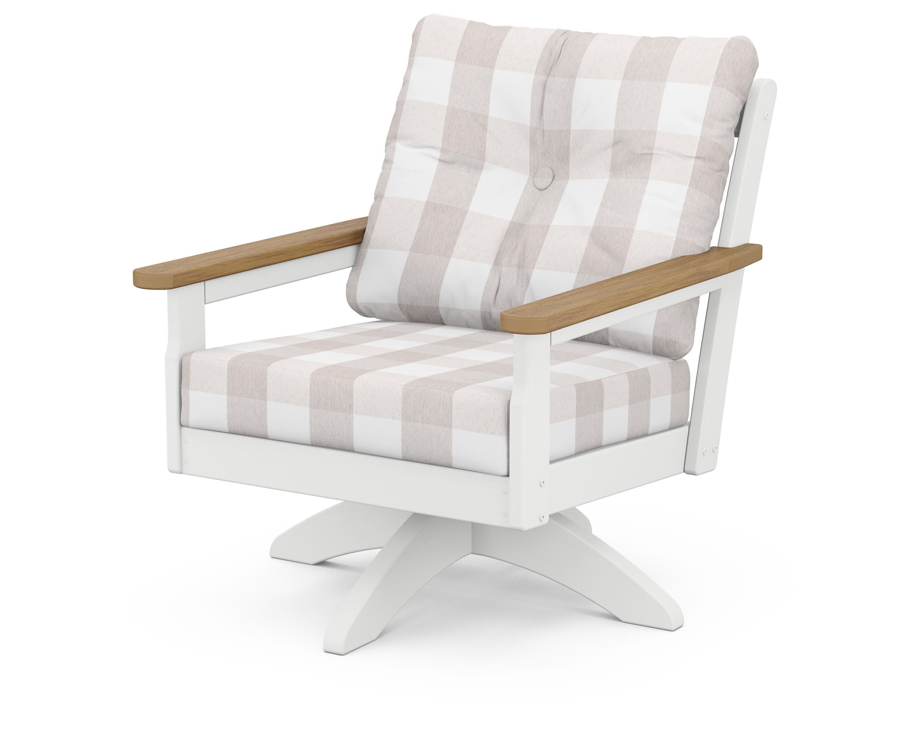 Vineyard Deep Seating Swivel Chair in White / Natural / Buffalo Plaid Dune Burlap