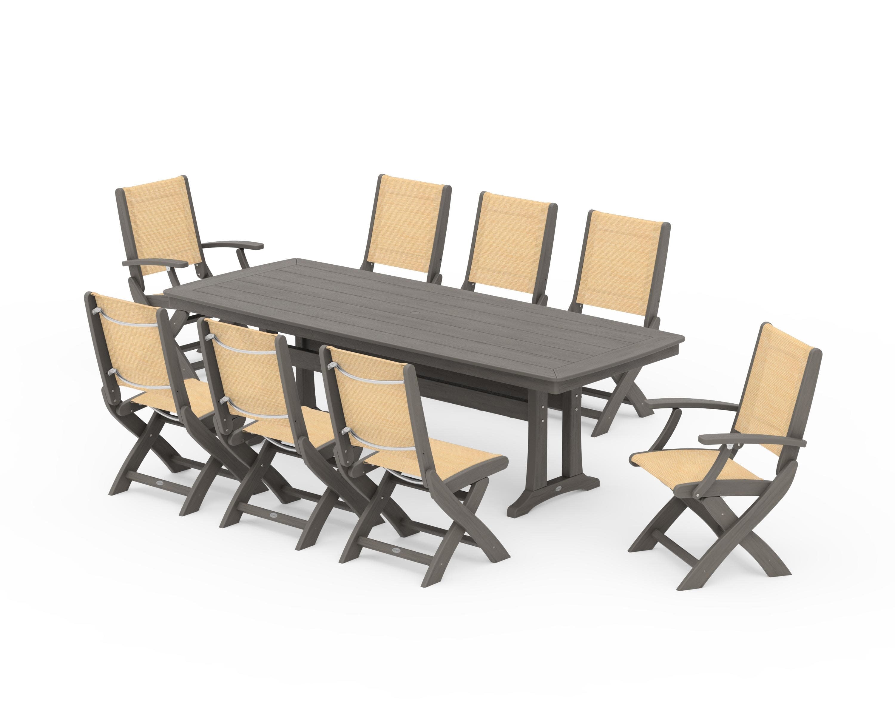 Coastal Folding 9-Piece Dining Set with Trestle Legs in Driftwood / Dupioni Apricot Sling