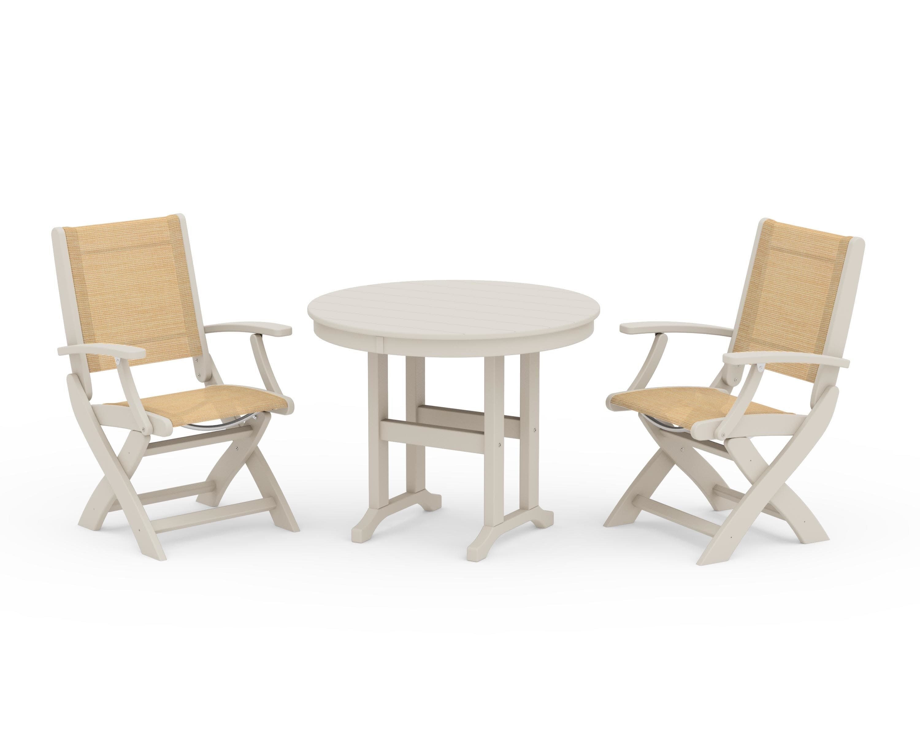 Coastal Folding Chair 3-Piece Round Dining Set in Sand / Dupioni Apricot Sling