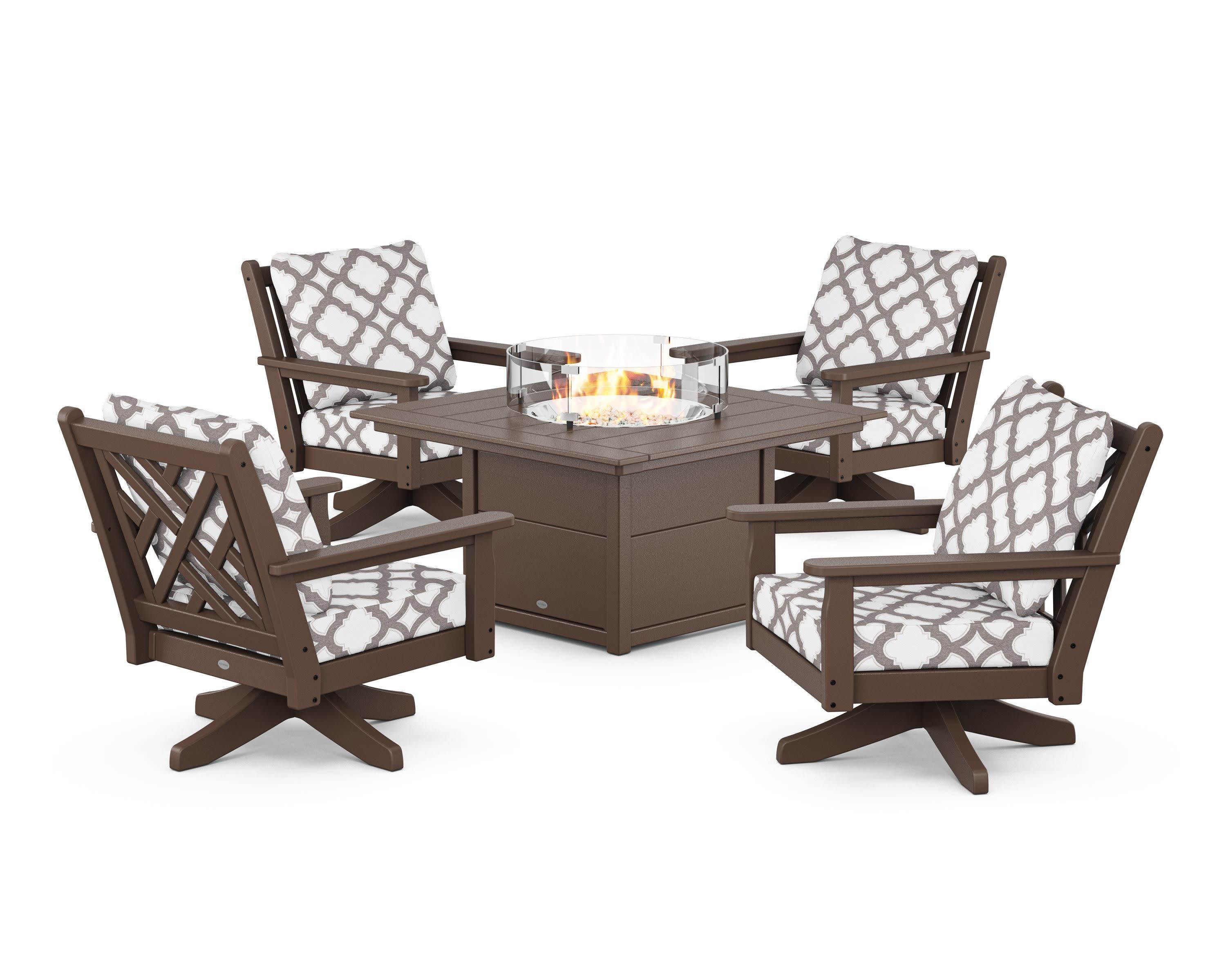 Chippendale 5-Piece Deep Seating Swivel Conversation Set with Fire Pit Table in Mahogany / Trellis Grey Mist