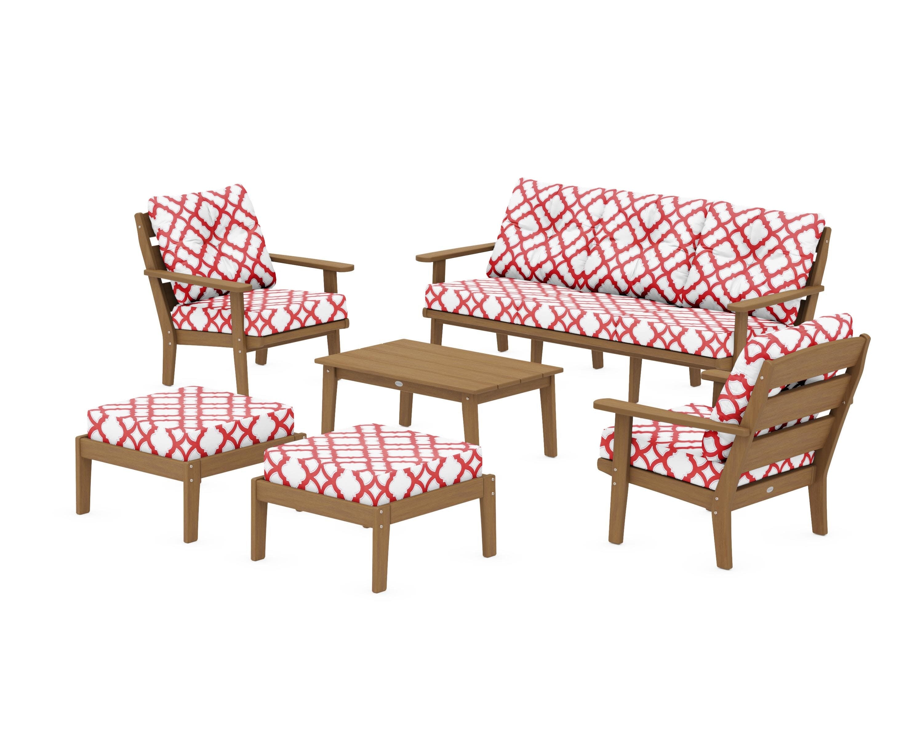 Lakeside 6-Piece Lounge Sofa Set in Natural / Trellis Crimson