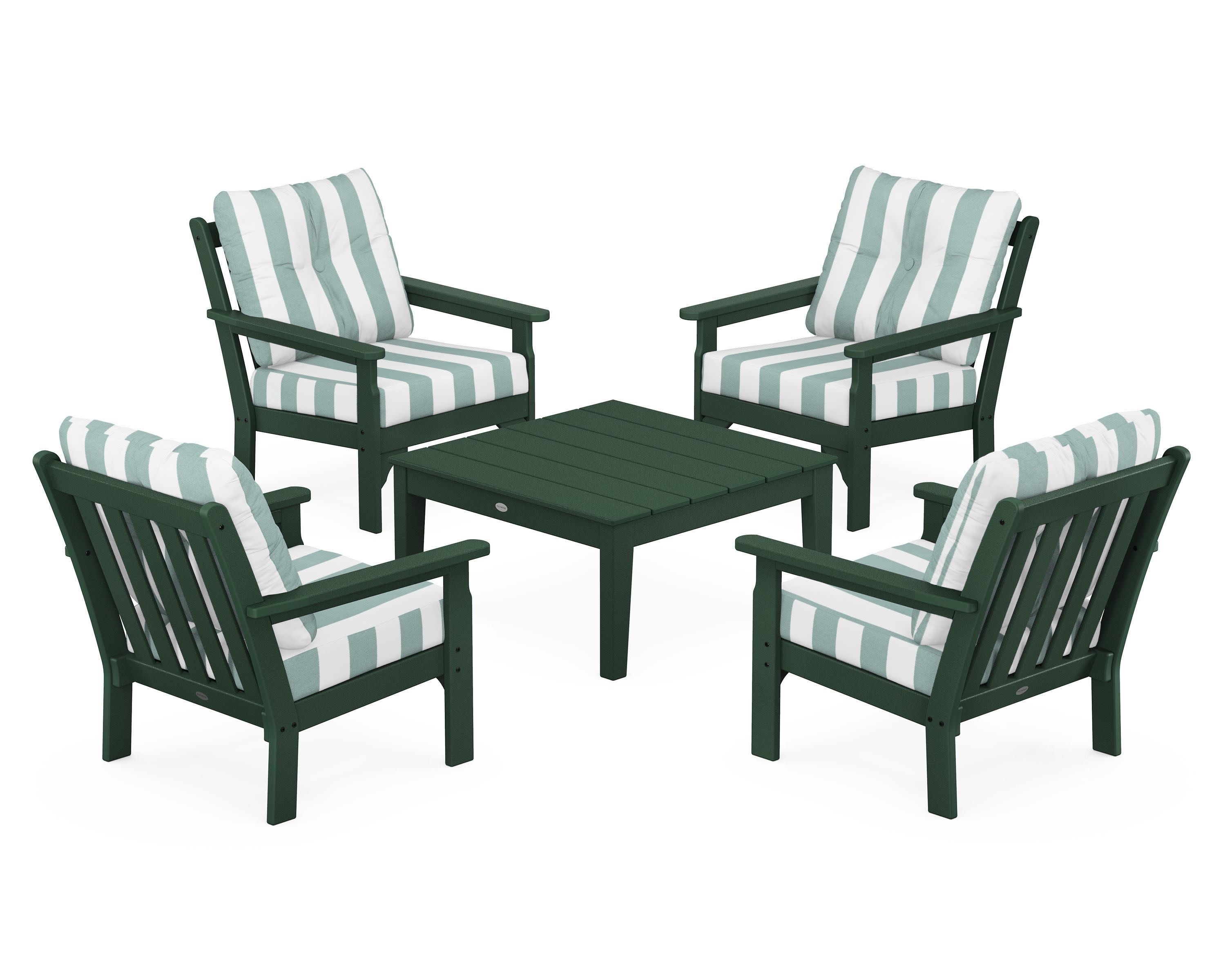 Vineyard 5-Piece Deep Seating Conversation Set in Green / Cabana Stripe Glacier Spa