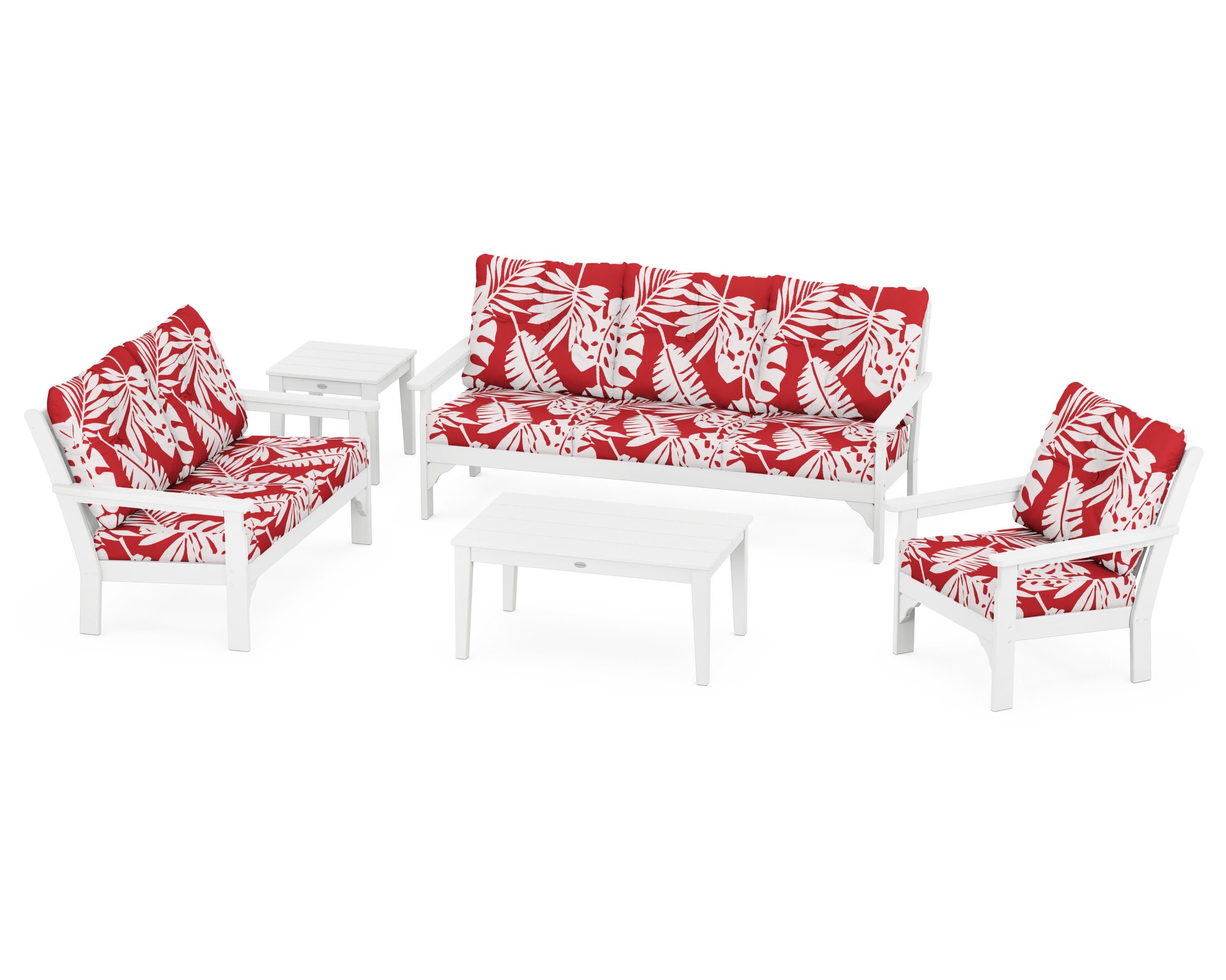 Vineyard 5 Piece Deep Seating Set in White / Leaf Crimson