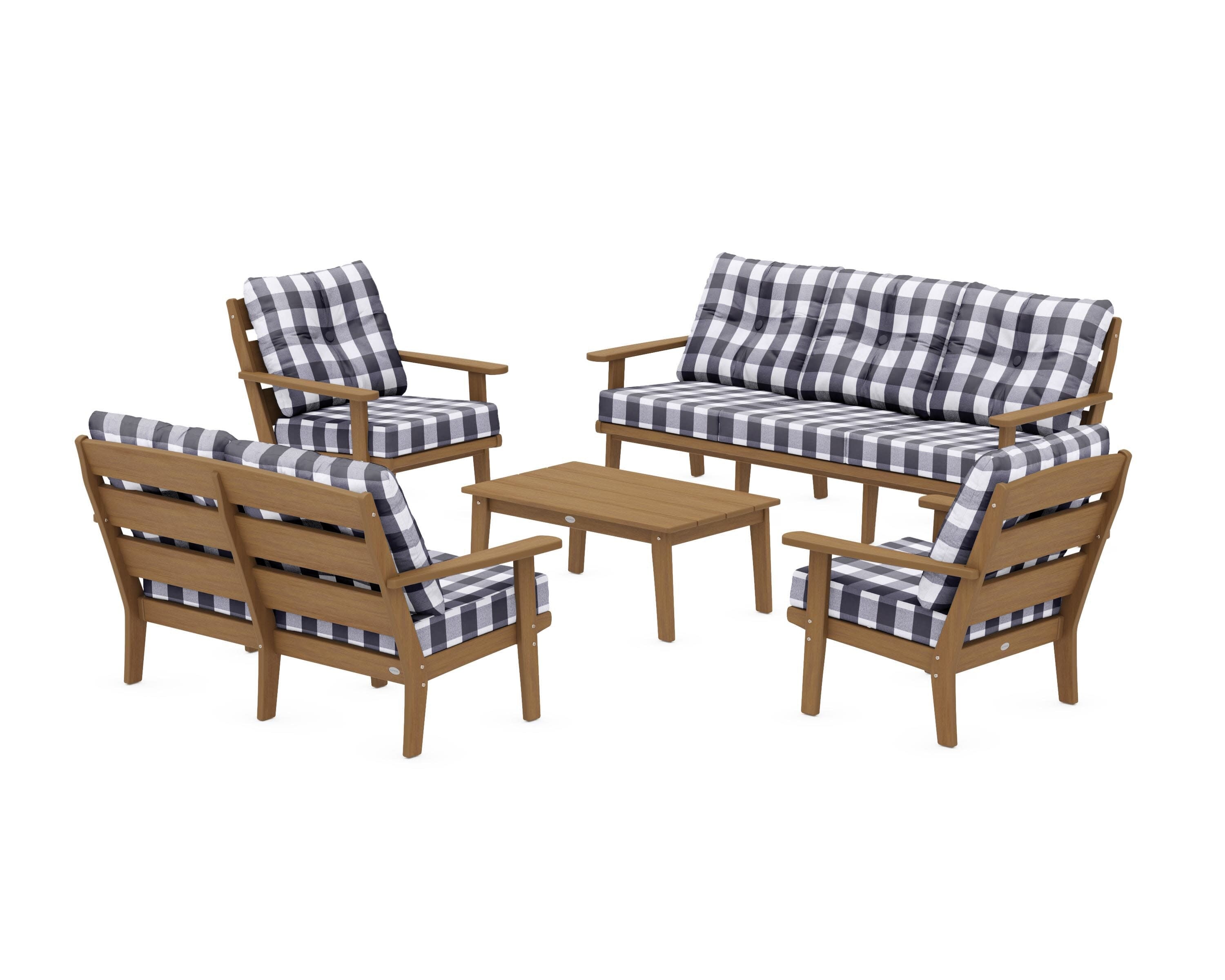 Lakeside 5-Piece Lounge Sofa Set in Natural / Buffalo Plaid Navy