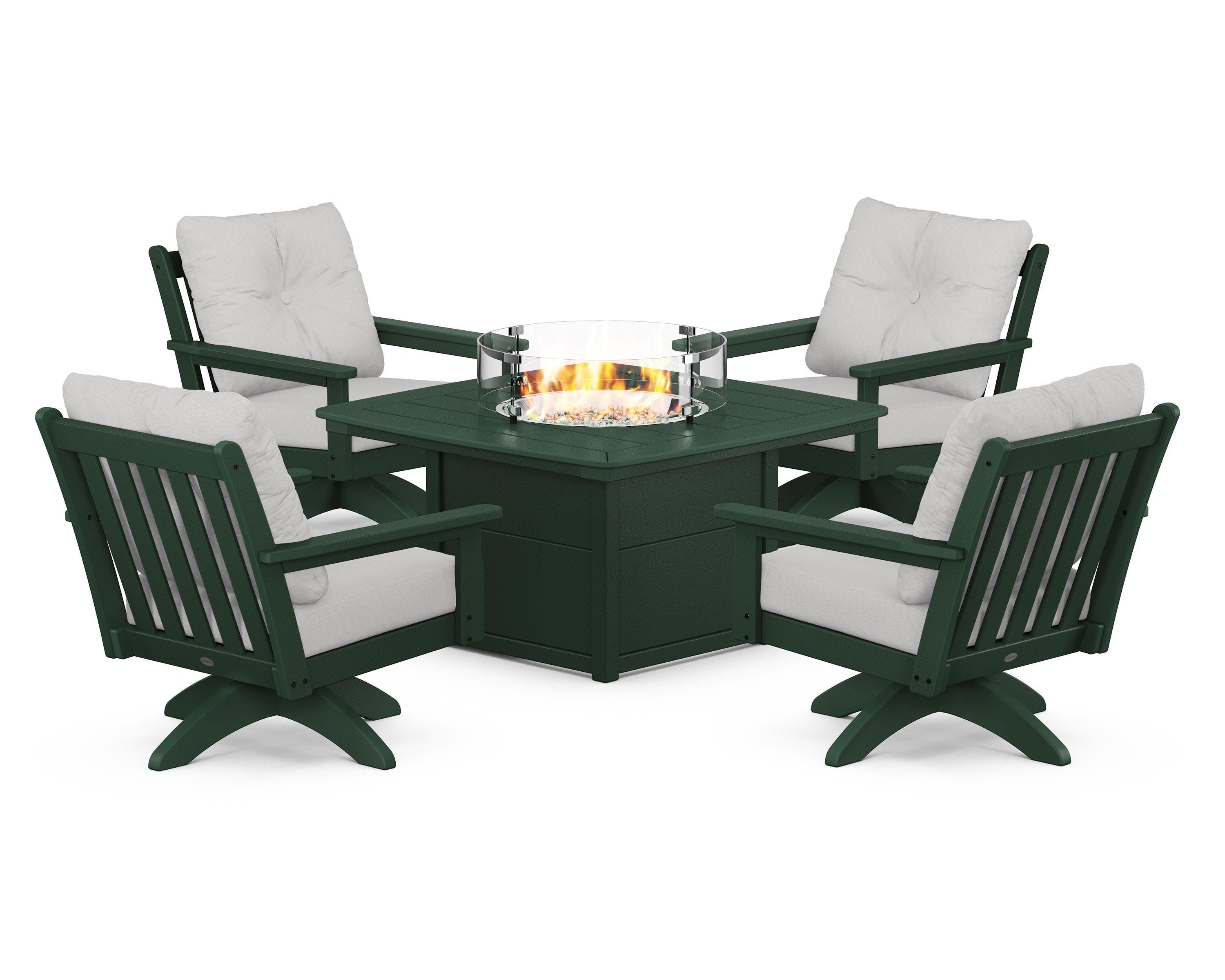 Vineyard 5-Piece Deep Seating Swivel Conversation Set with Fire Pit Table in Green / Diamond in the Rough