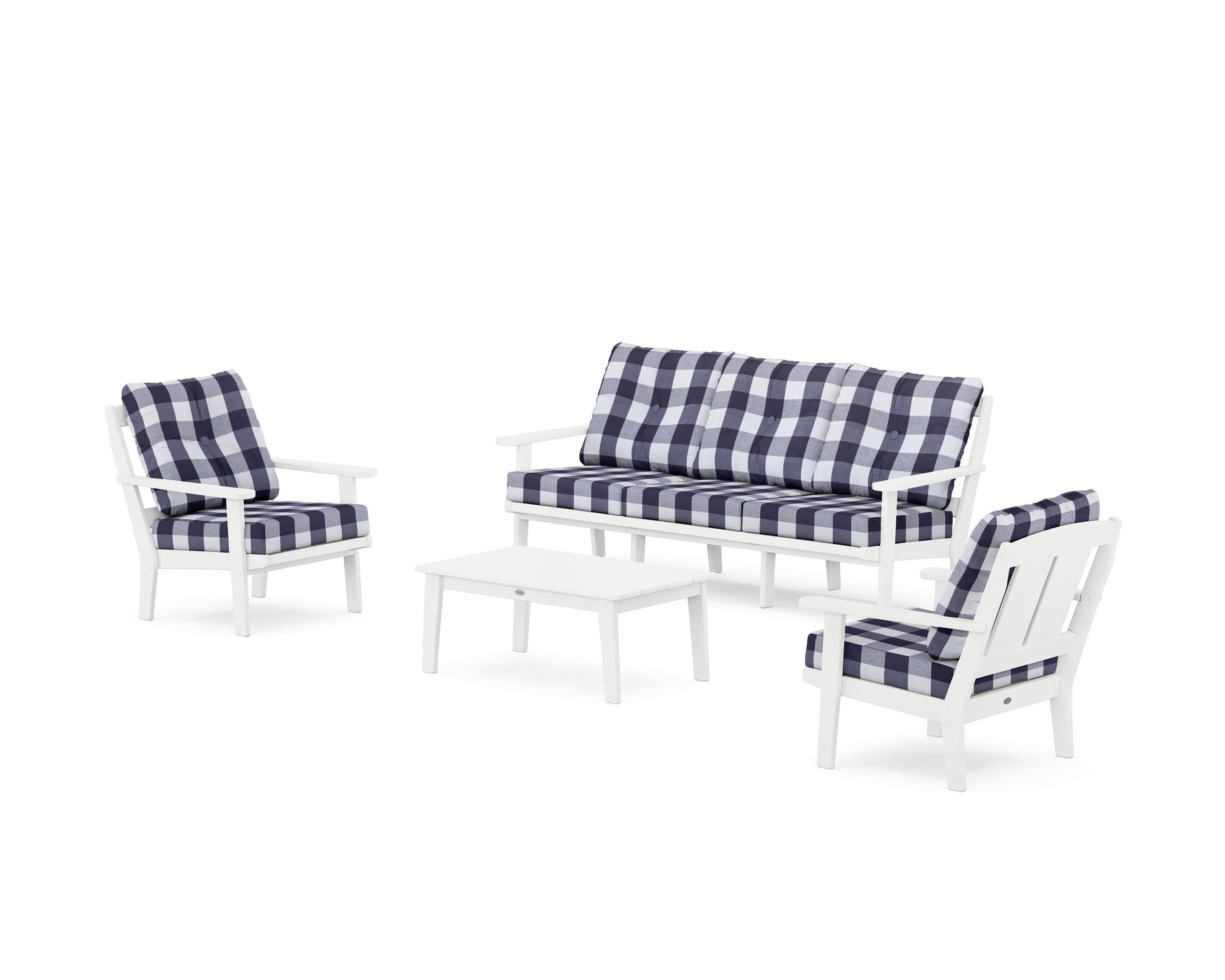 Mission 4-Piece Deep Seating Set with Sofa in White / Buffalo Plaid Navy