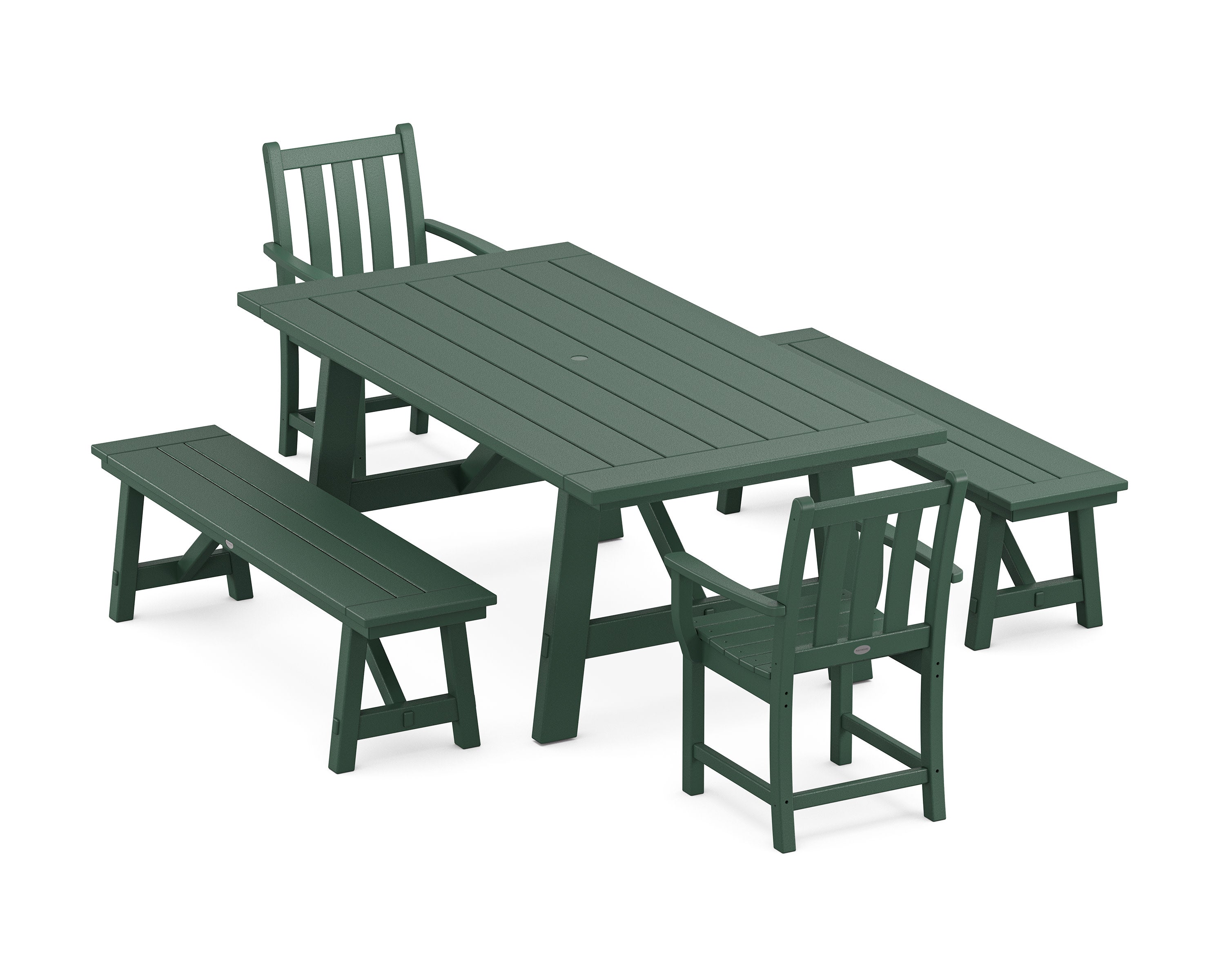 Traditional Garden 5-Piece Rustic Farmhouse Dining Set With Benches in Green