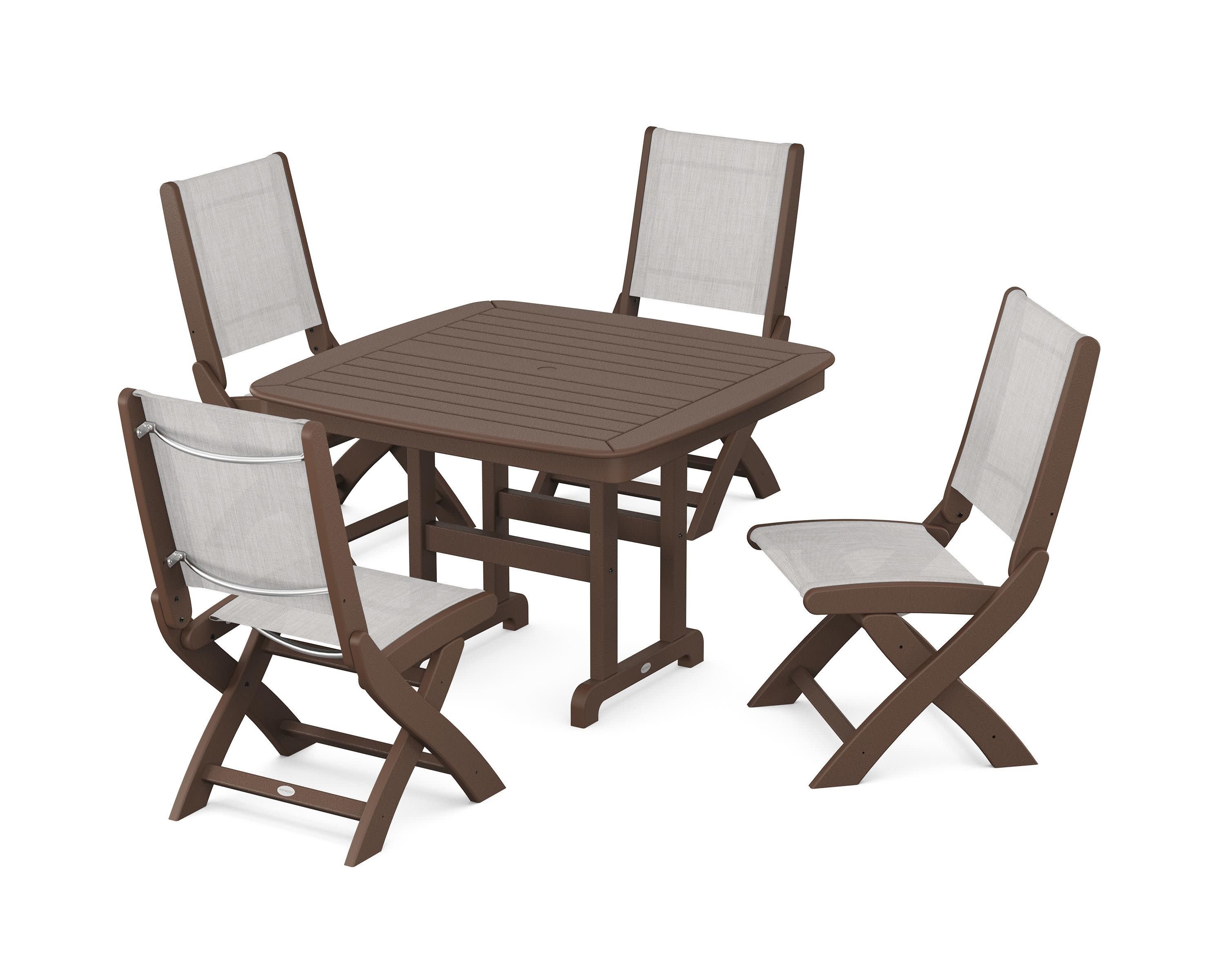 Coastal Folding Side Chair 5-Piece Dining Set in Mahogany / Parchment Sling