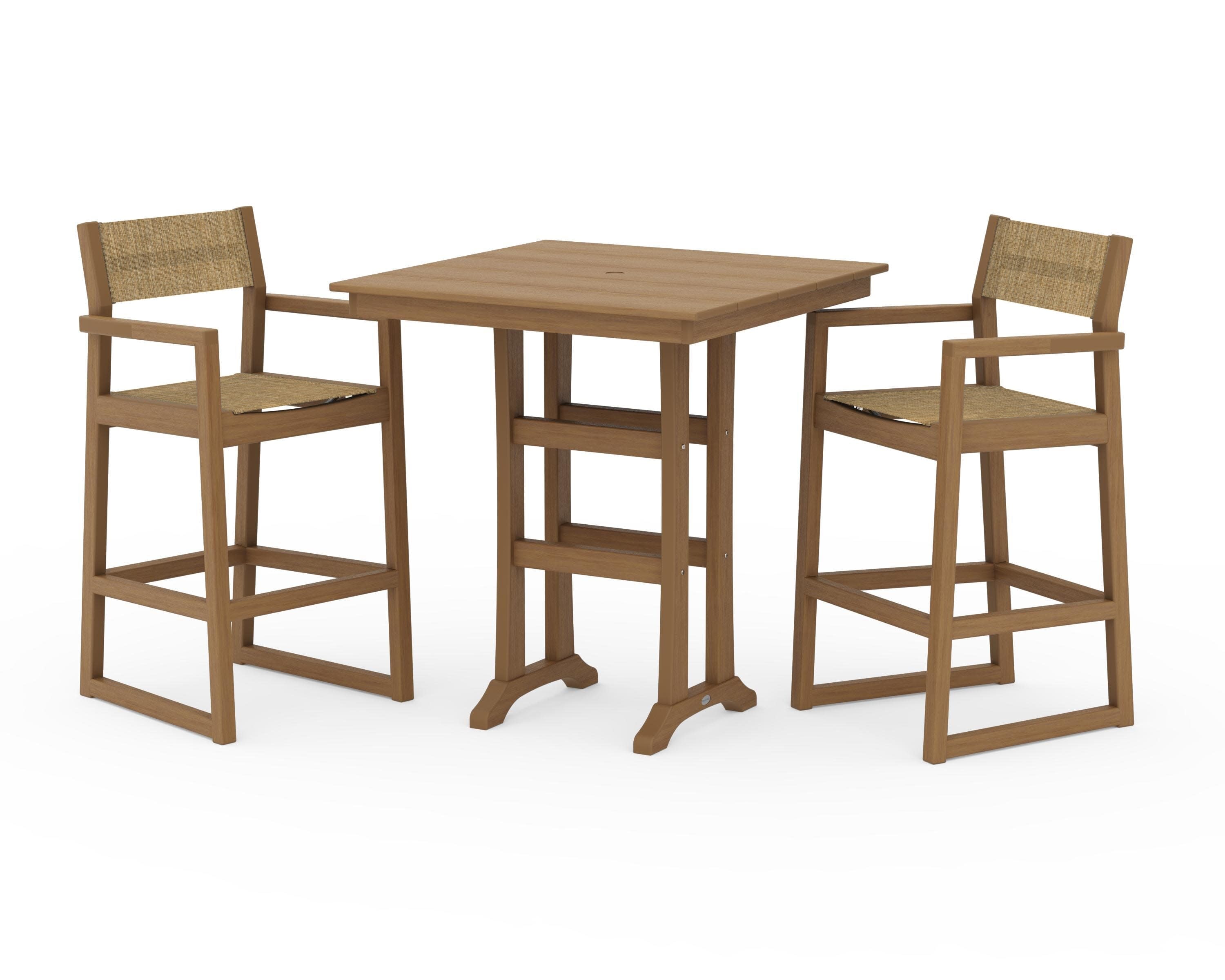 EDGE Sling Arm Chair 3-Piece Farmhouse Bar Set with Trestle Legs in Natural / Burlap Sling