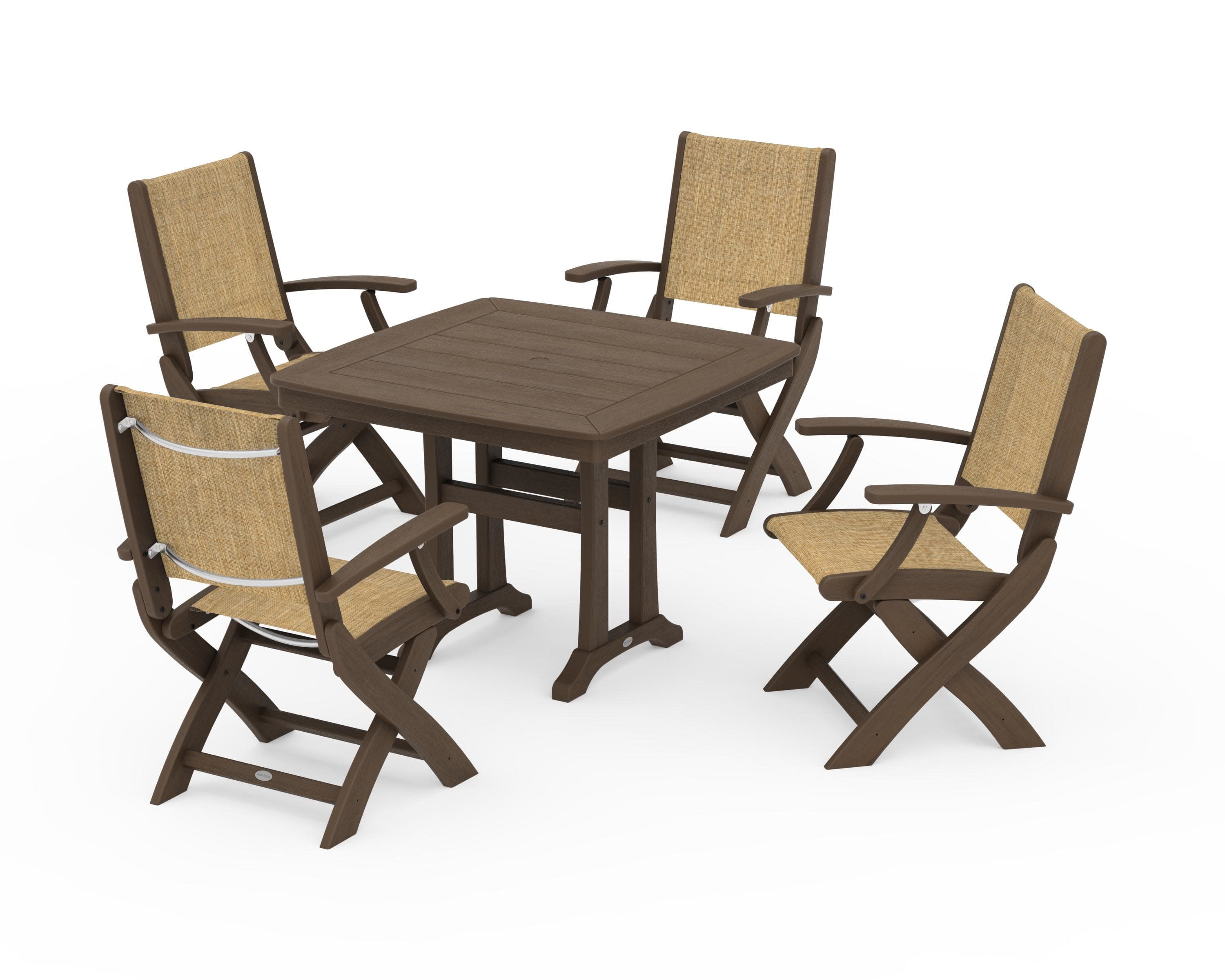 Coastal Folding Chair 5-Piece Dining Set with Trestle Legs in Kona / Burlap Sling