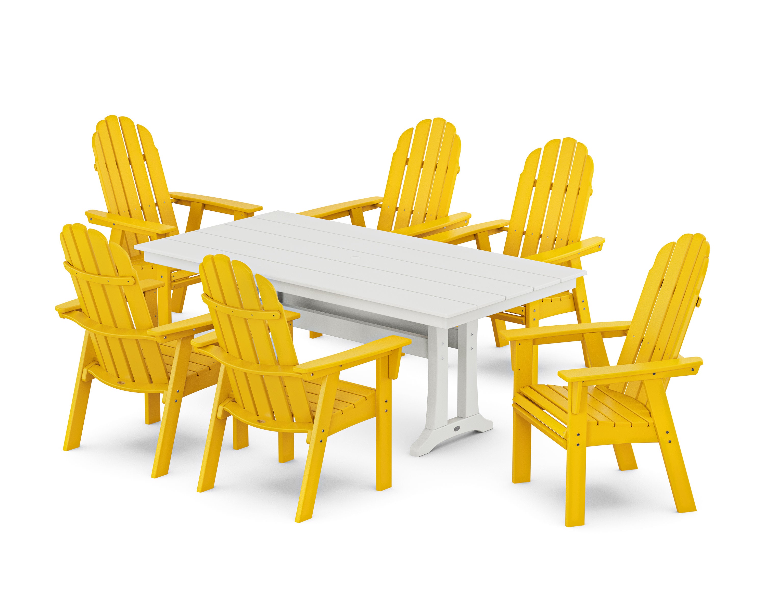 Vineyard Curveback Adirondack Chair 7-Piece Farmhouse Dining Set with Trestle Legs in Lemon / White