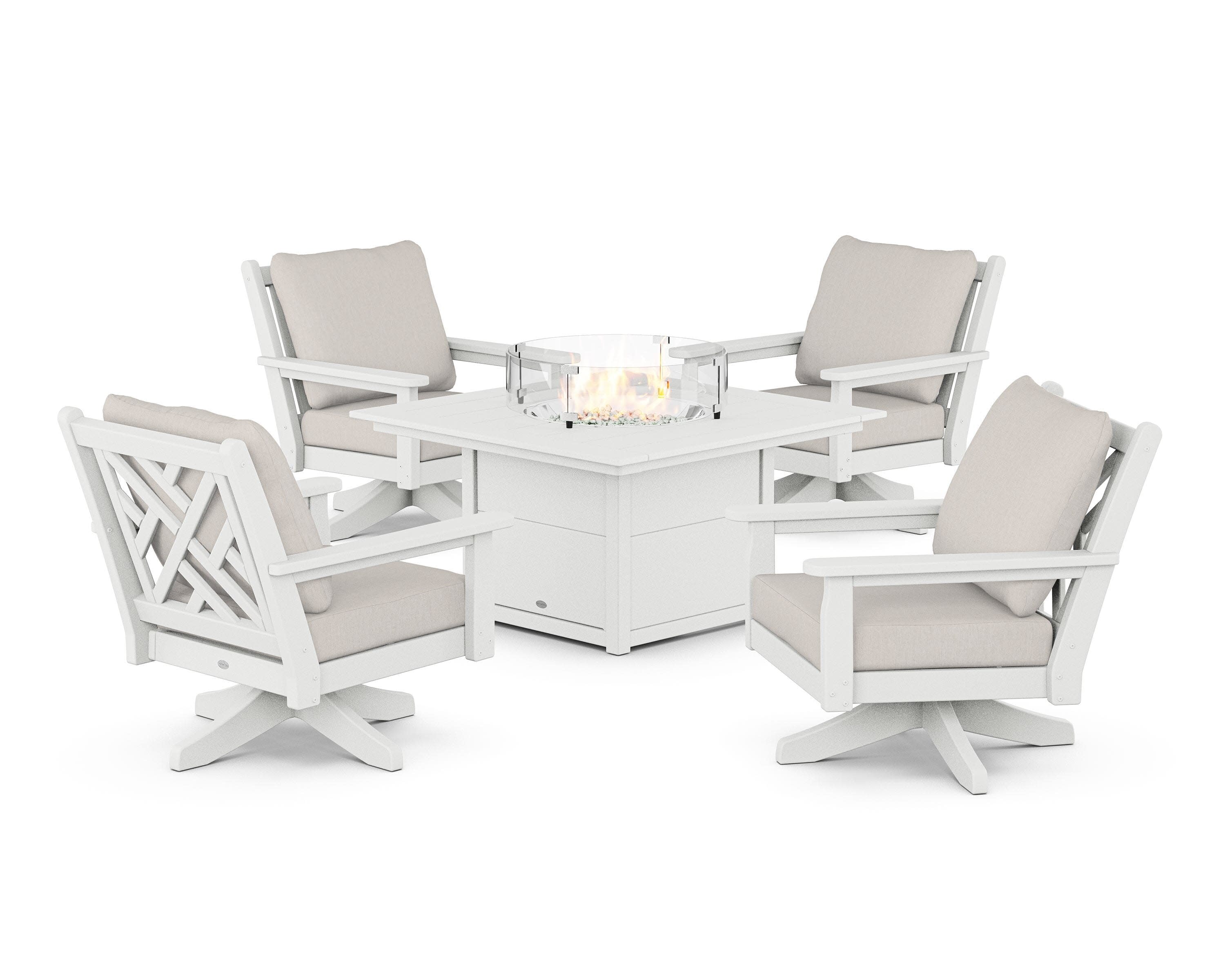 Chippendale 5-Piece Deep Seating Swivel Conversation Set with Fire Pit Table in White / Cast Ash