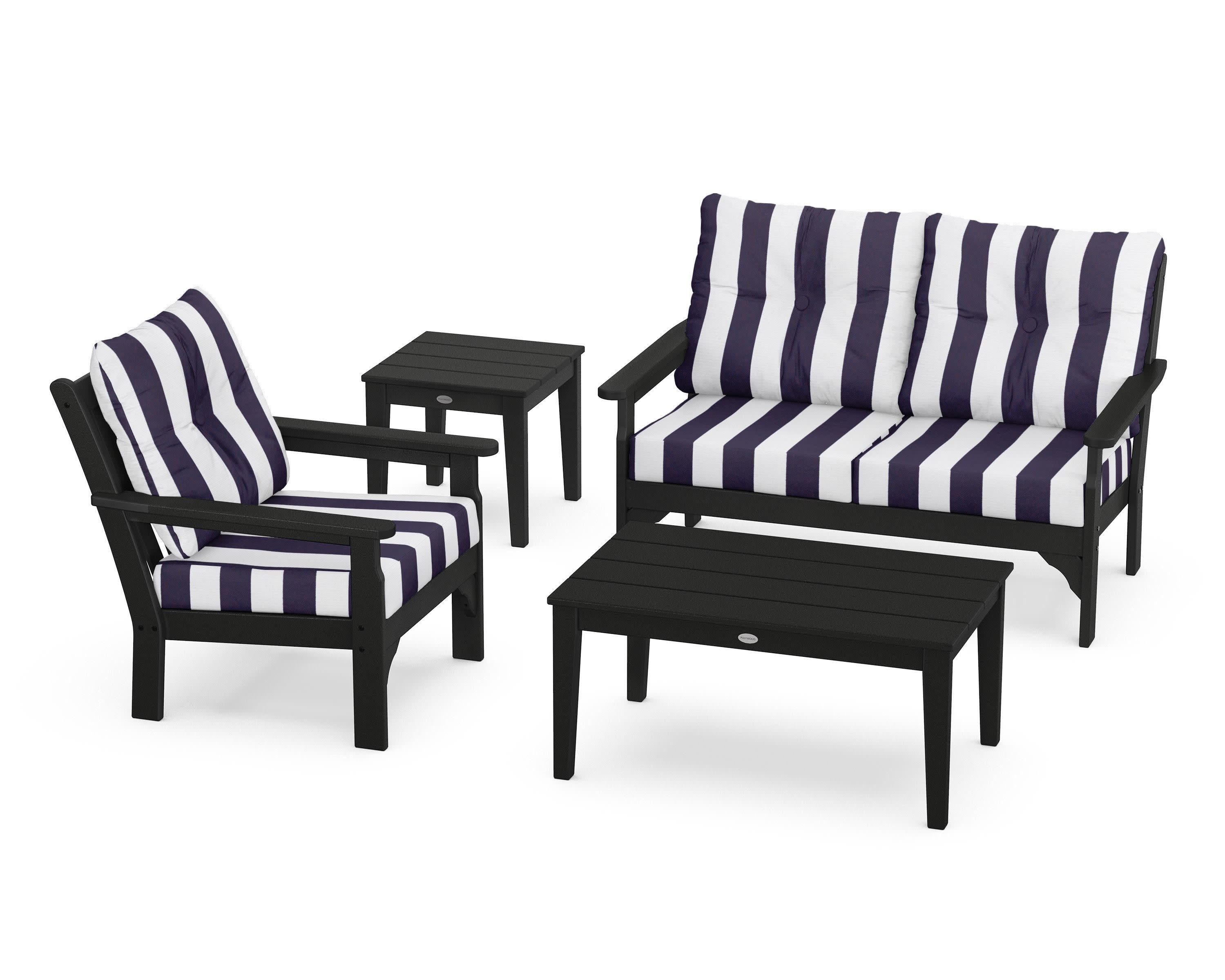 Vineyard 4-Piece Deep Seating Set in Black / Cabana Stripe Navy