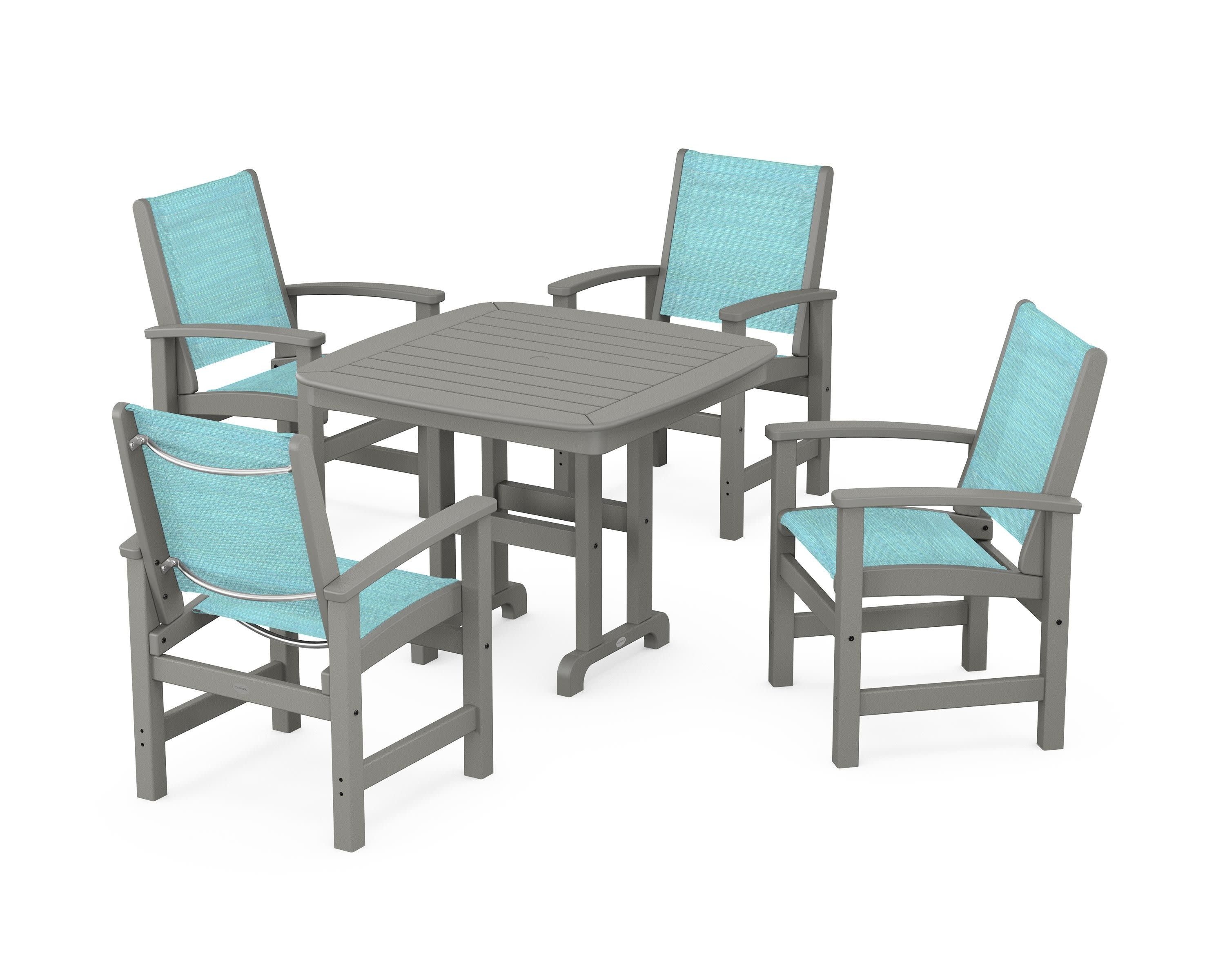 Coastal 5-Piece Dining Set in Slate Grey / Dupioni Aquamarine Sling