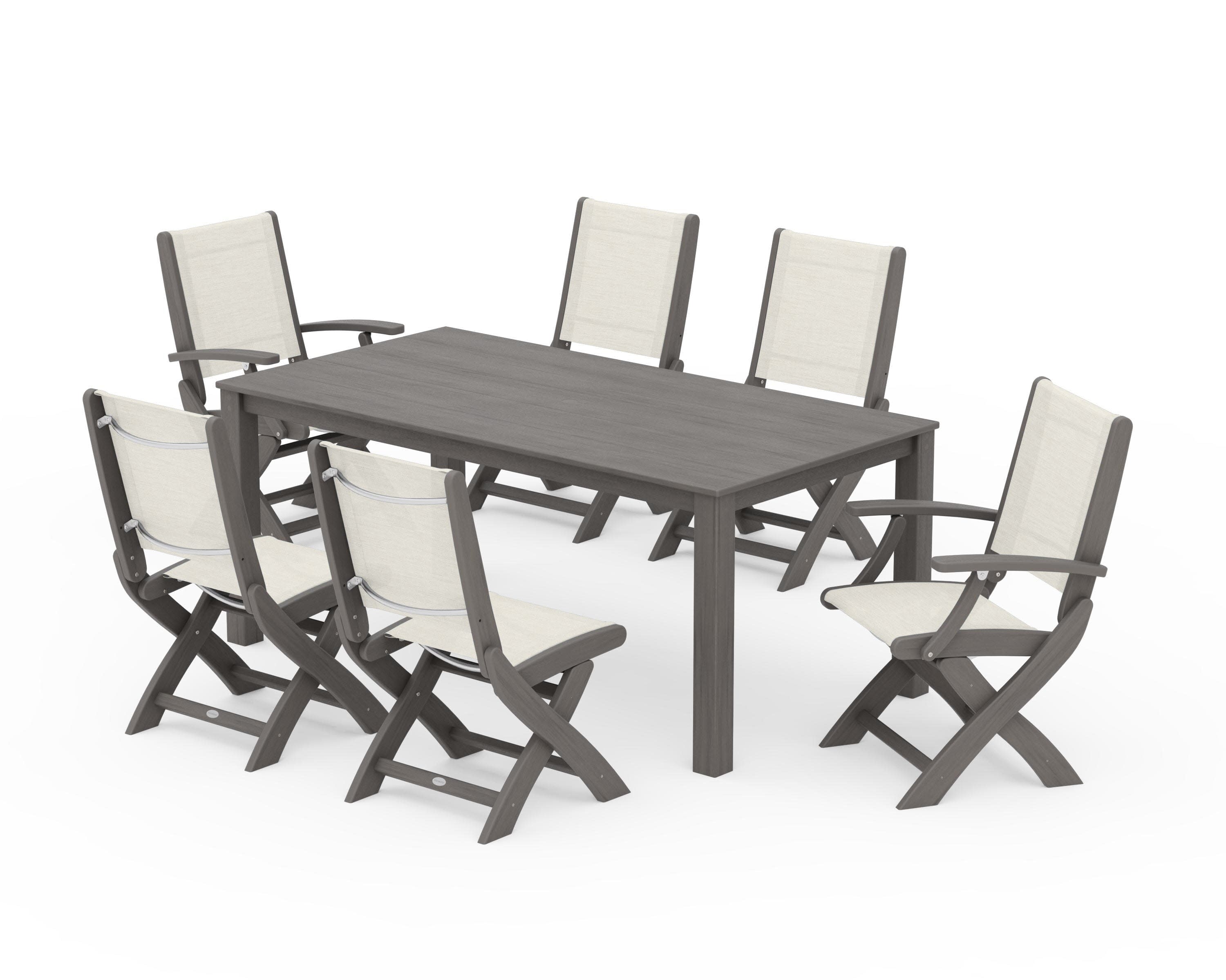 Coastal Folding Chair 7-Piece Parsons Dining Set in Driftwood / Parchment Sling