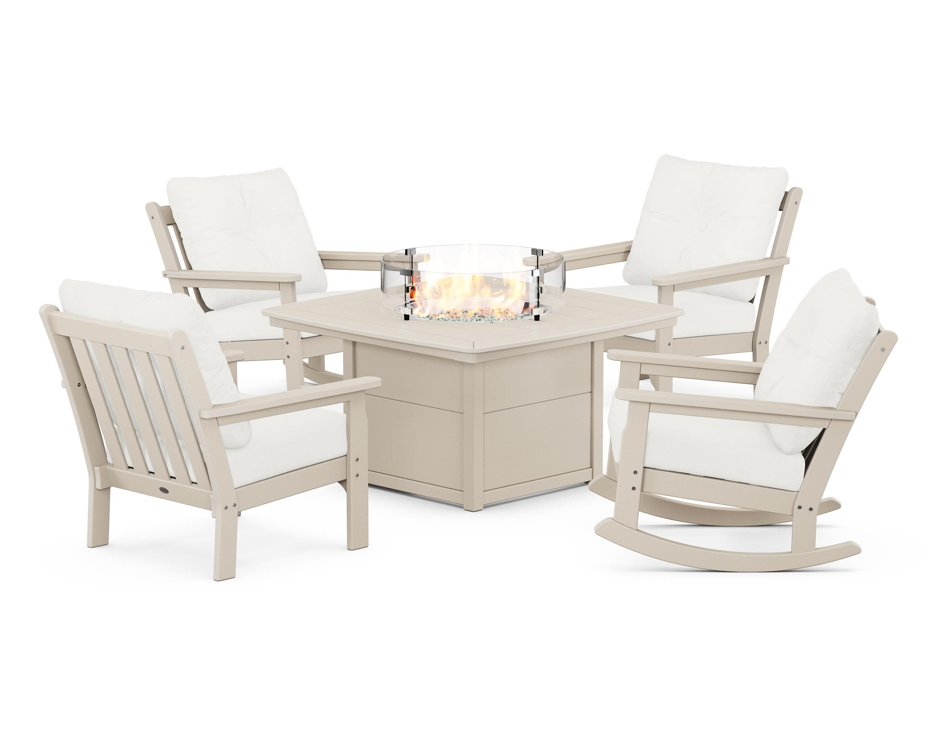 Vineyard 5-Piece Deep Seating Rocking Chair Conversation Set with Fire Pit Table in Sand / Natural Linen