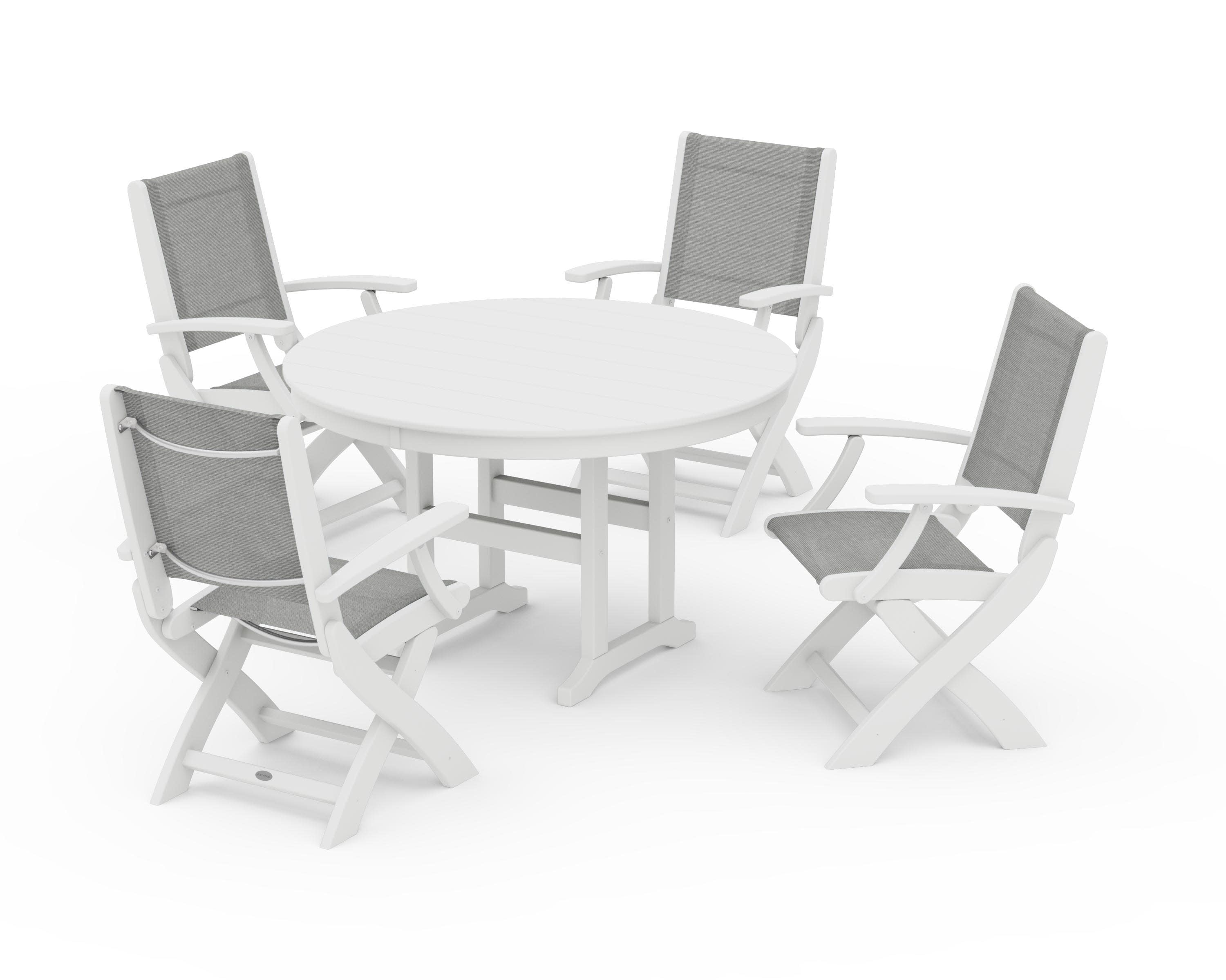 Coastal Folding Chair 5-Piece Round Dining Set in White / Metallic Sling