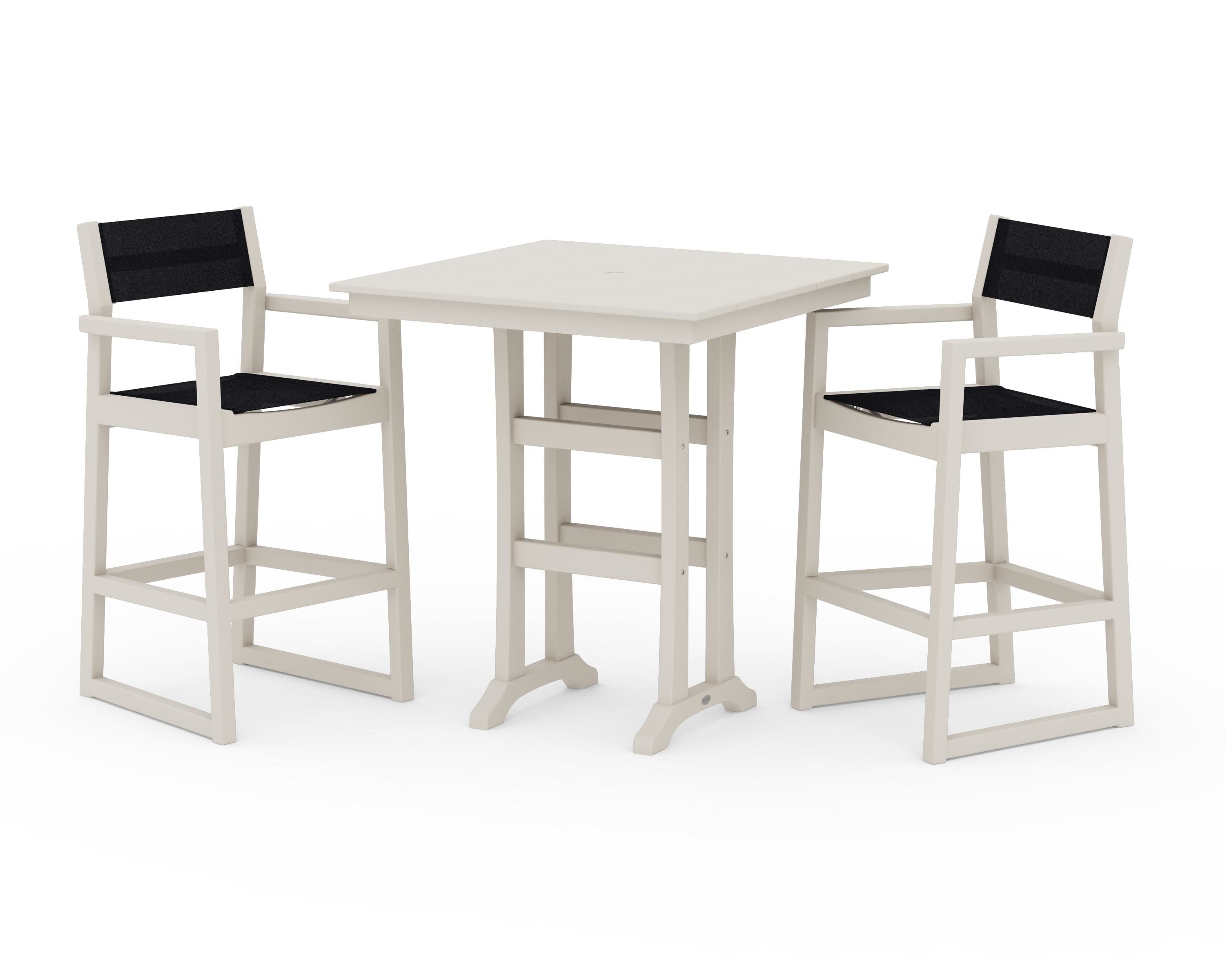 EDGE Sling Arm Chair 3-Piece Farmhouse Bar Set with Trestle Legs in Sand / Black Sling