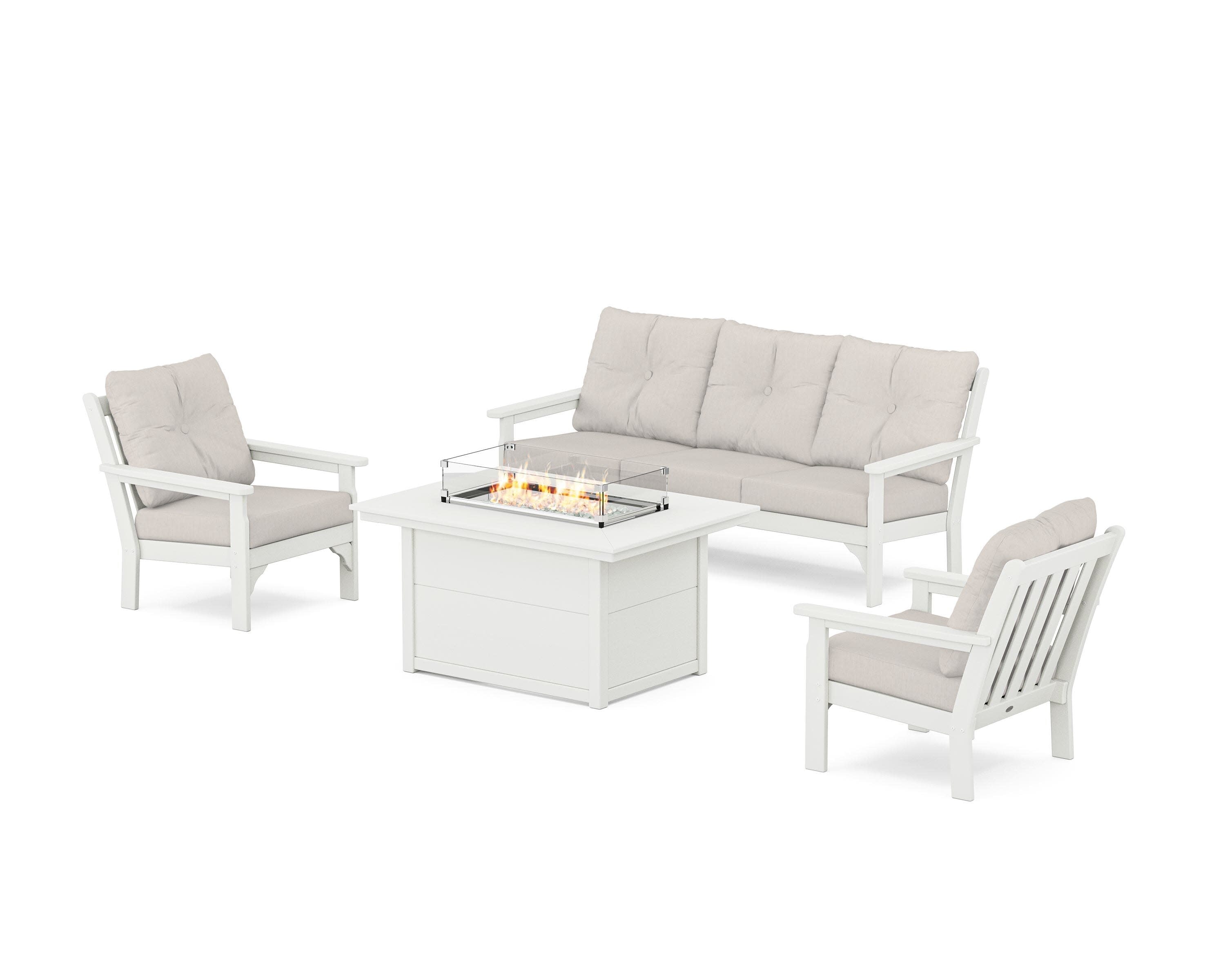 Vineyard Deep Seating Fire Pit Table Set in Vintage White / Cast Ash
