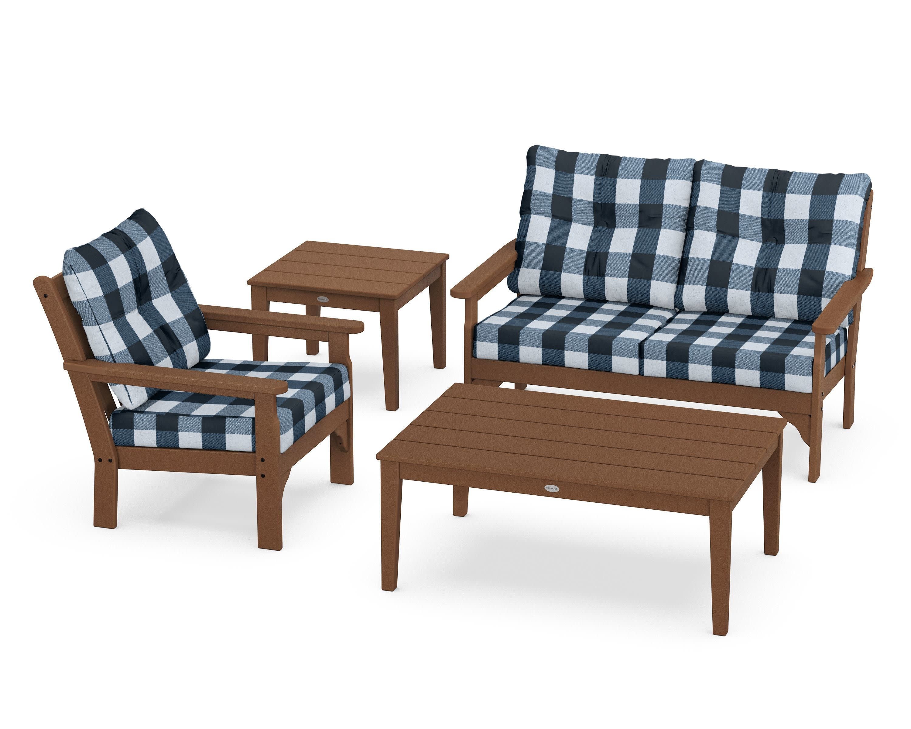 Vineyard 4-Piece Deep Seating Set in Teak / Buffalo Plaid Marine Indigo