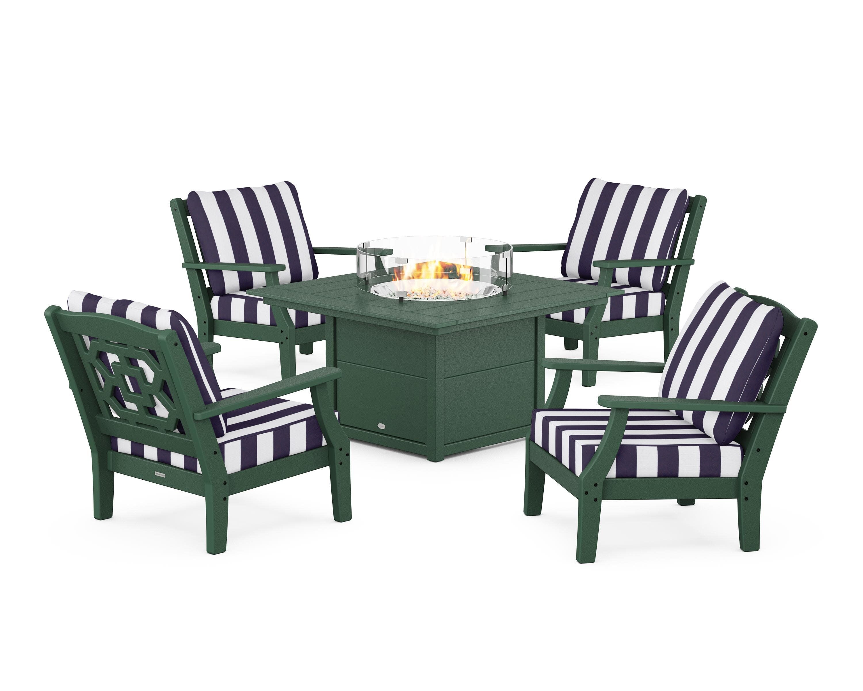 Chinoiserie 5-Piece Deep Seating Set with Fire Pit Table in Green / Cabana Stripe Navy