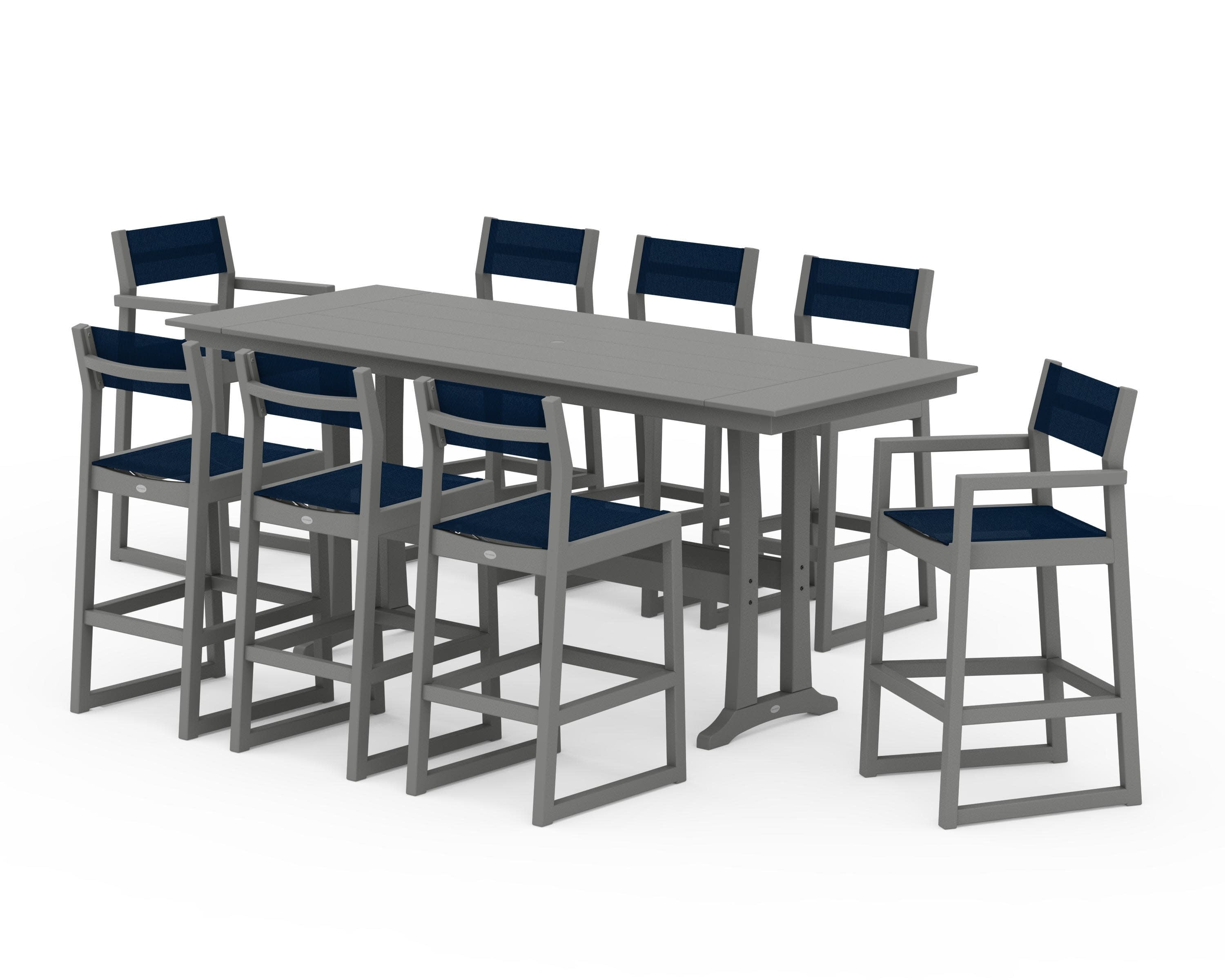 EDGE Sling 9-Piece Farmhouse Bar Set with Trestle Legs in Slate Grey / Navy Blue Sling