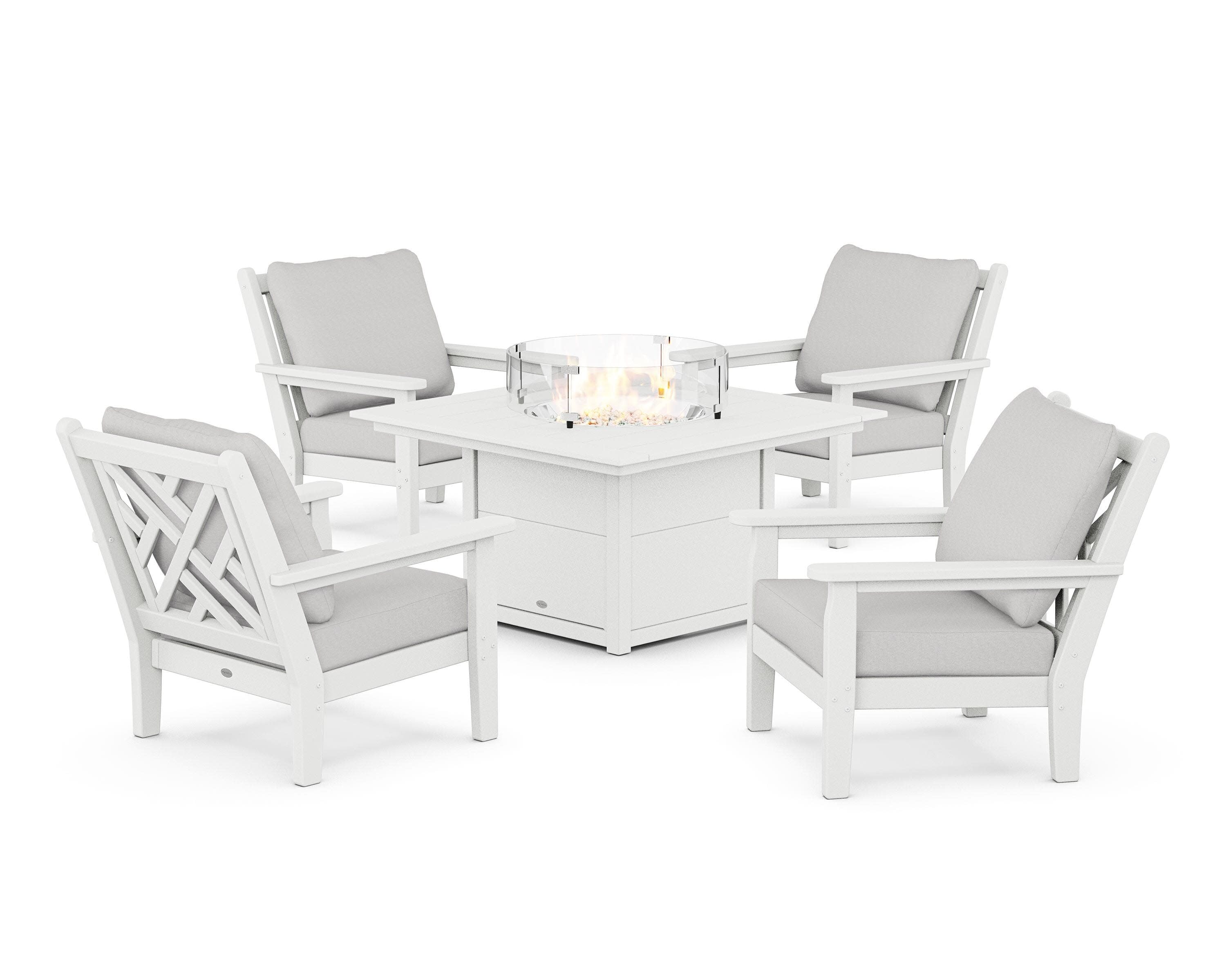 Chippendale 5-Piece Deep Seating Set with Fire Pit Table in White / Diamond in the Rough
