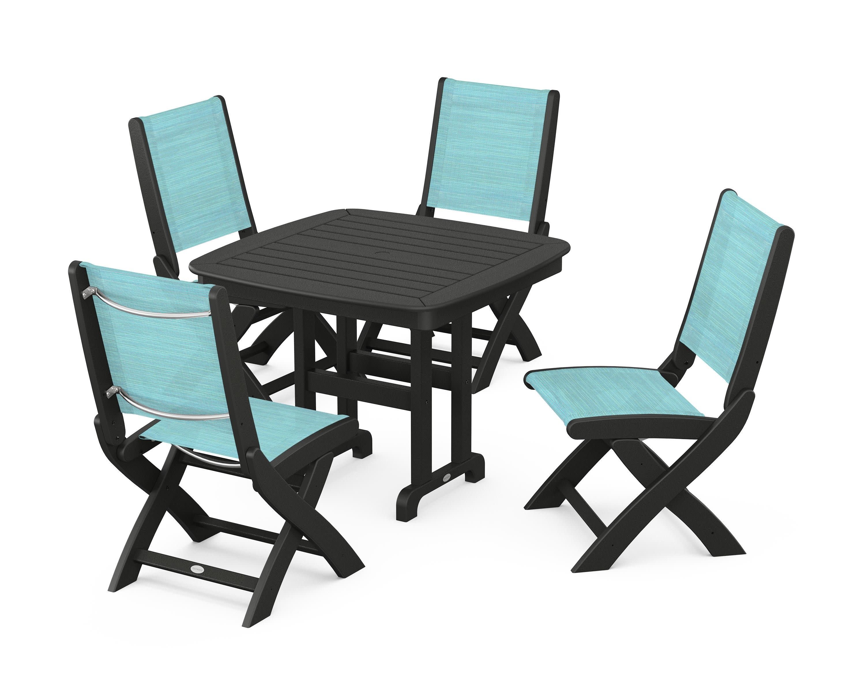 Coastal Folding Side Chair 5-Piece Dining Set in Black / Dupioni Aquamarine Sling