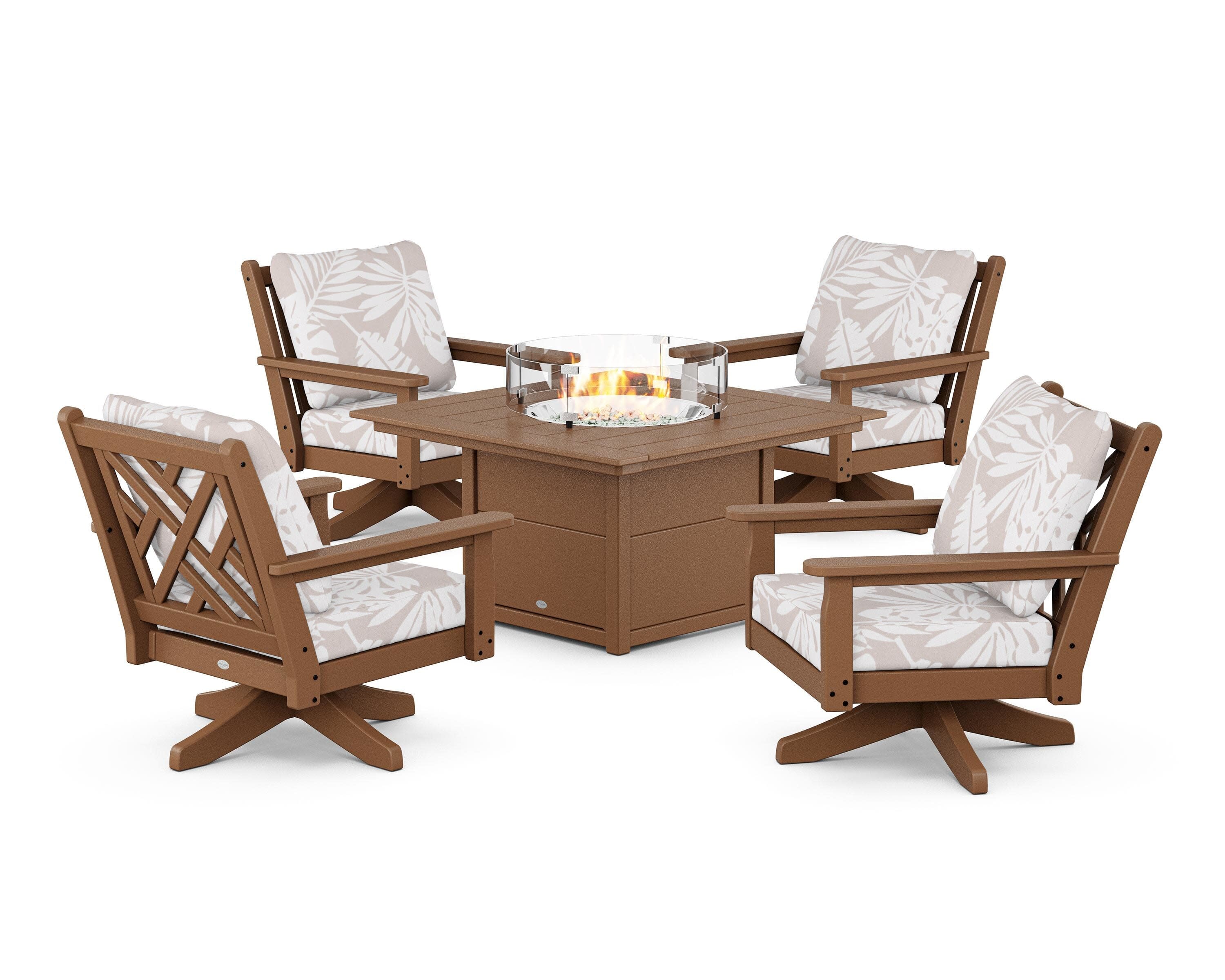 Chippendale 5-Piece Deep Seating Swivel Conversation Set with Fire Pit Table in Teak / Leaf Dune Burlap