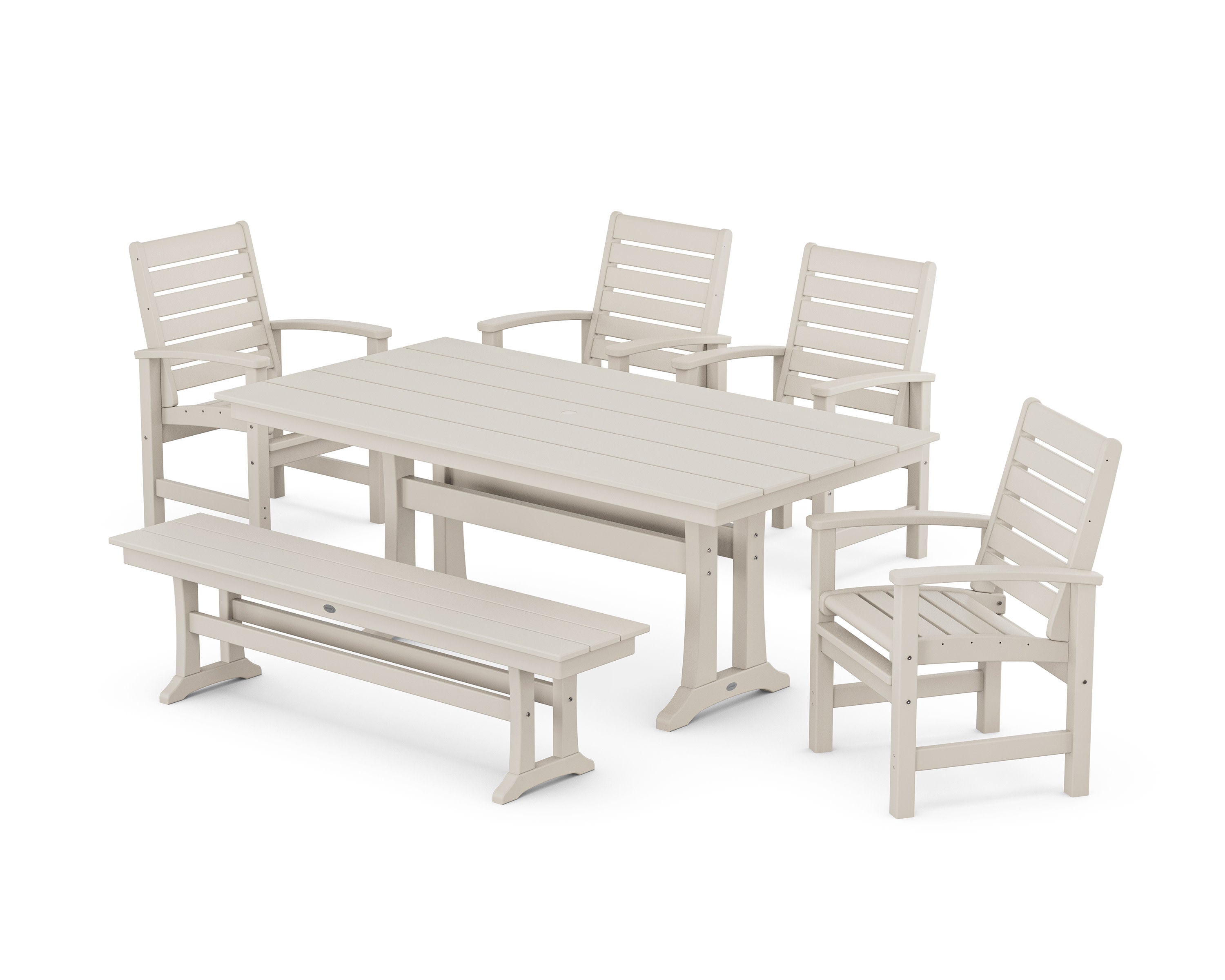 Signature 6-Piece Farmhouse Dining Set with Trestle Legs and Bench in Sand