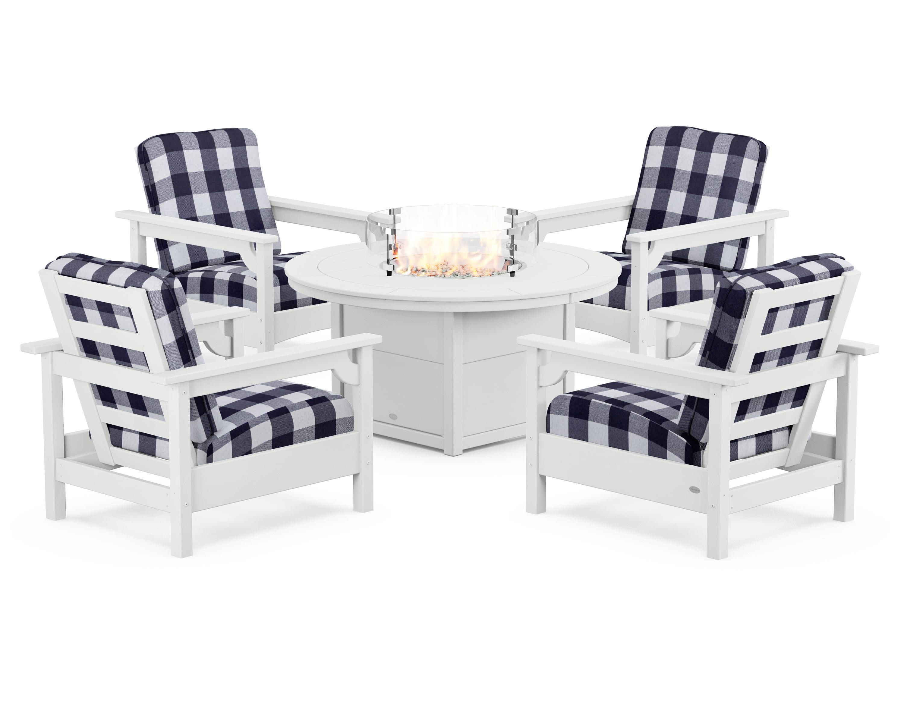 Club 5-Piece Conversation Set with Fire Pit Table in White / Buffalo Plaid Navy