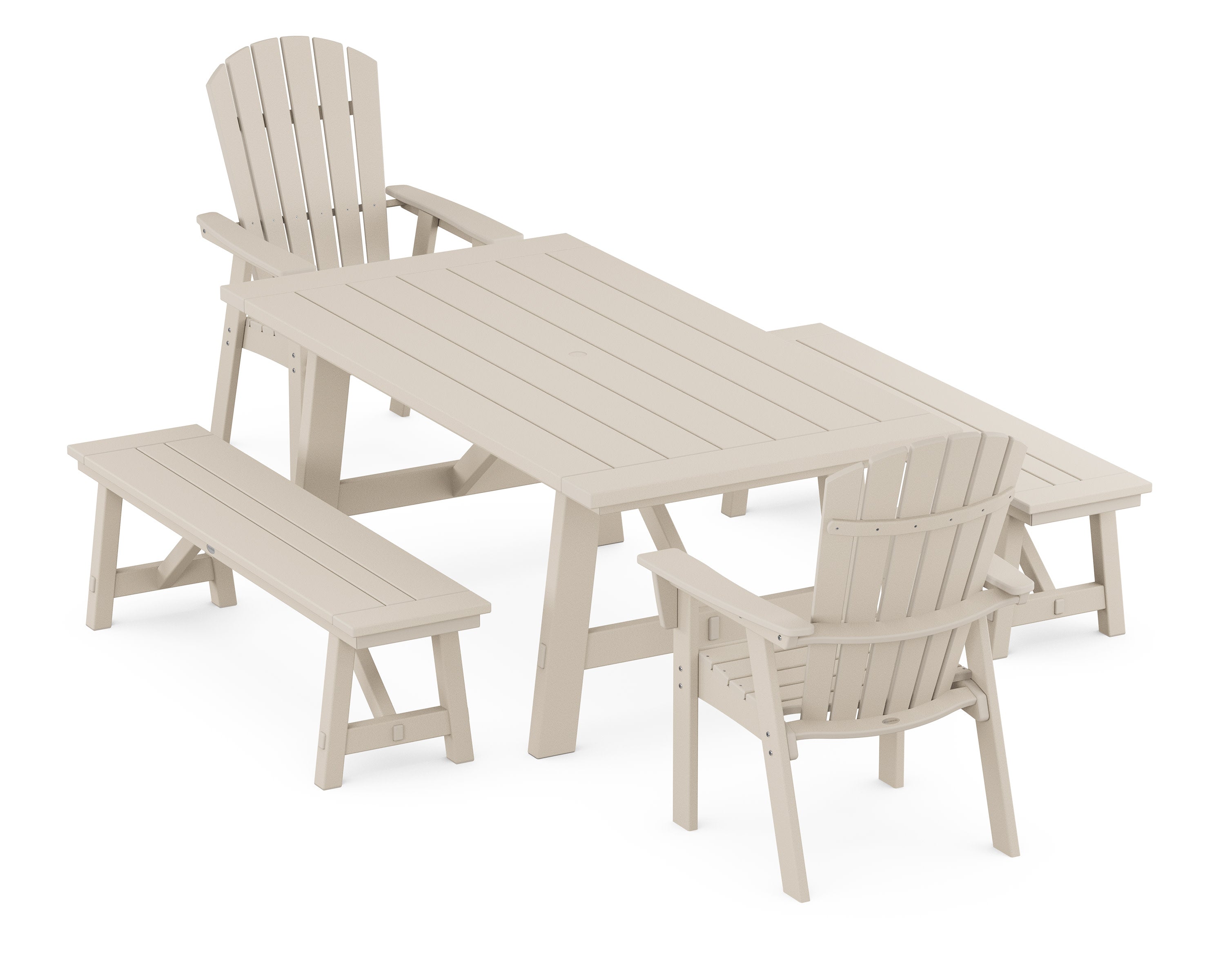 Nautical Curveback Adirondack 5-Piece Rustic Farmhouse Dining Set With Benches in Sand
