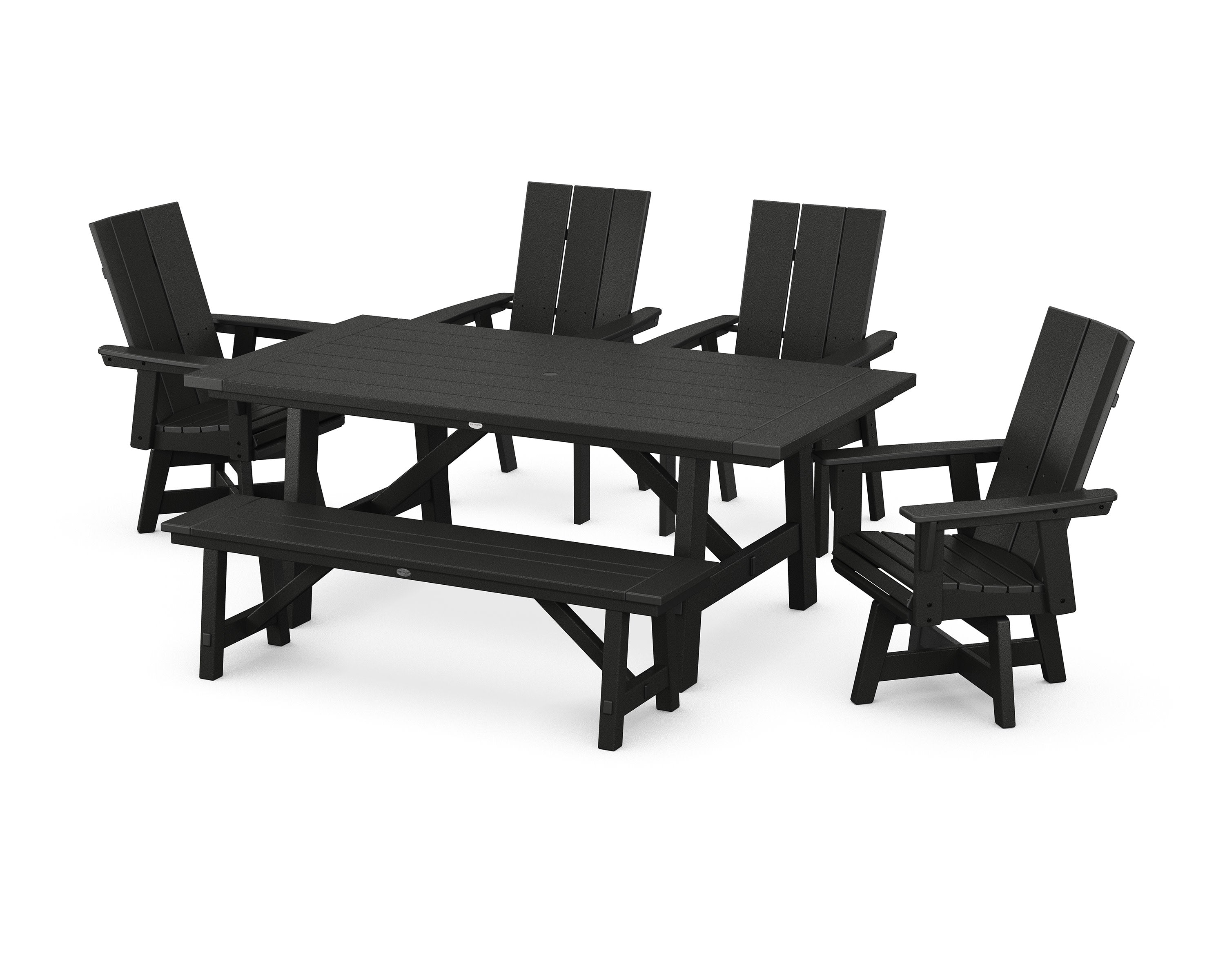Modern Curveback Adirondack Swivel Chair 6-Piece Rustic Farmhouse Dining Set with Bench in Black