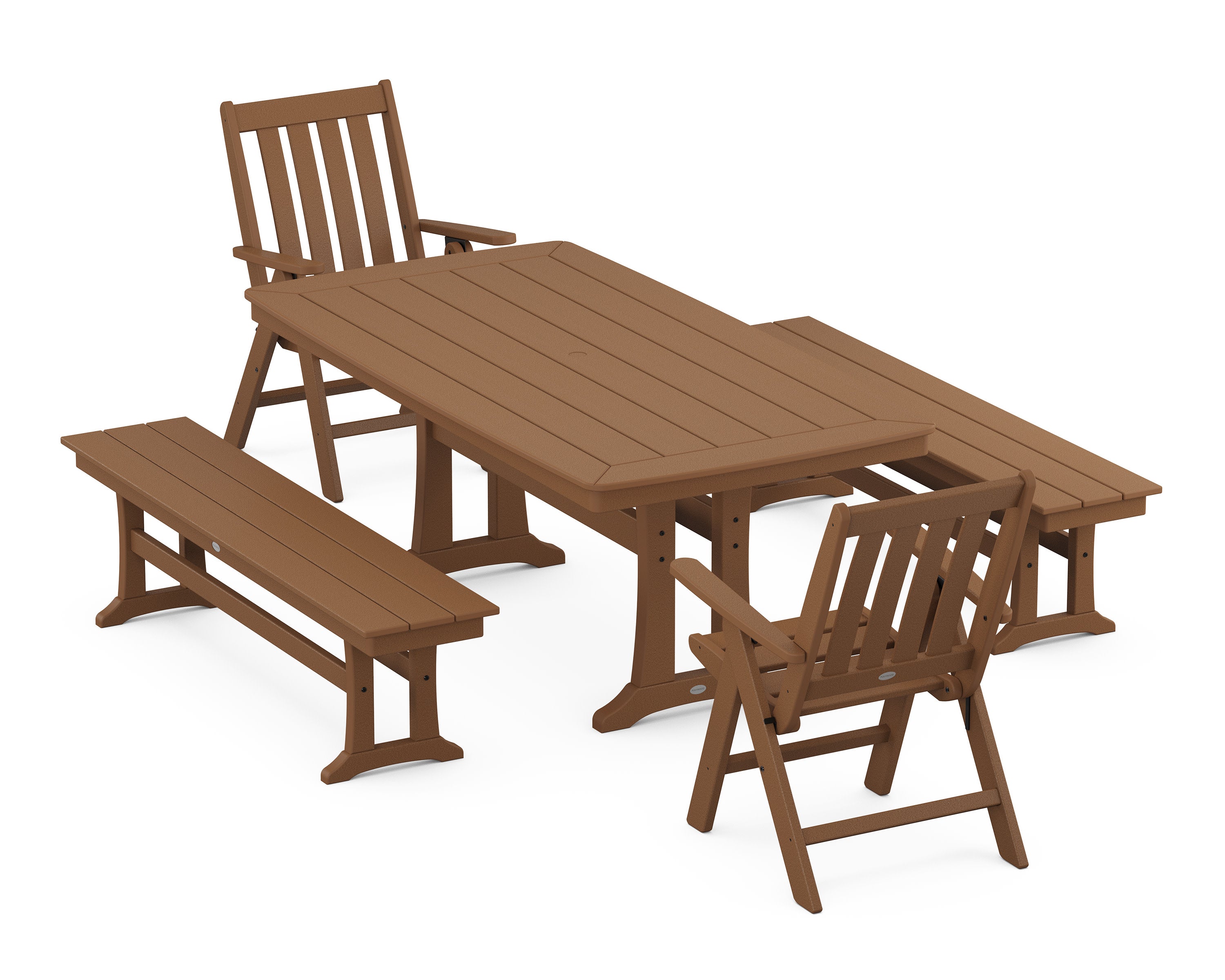 Vineyard Folding Chair 5-Piece Dining Set with Trestle Legs and Benches in Teak