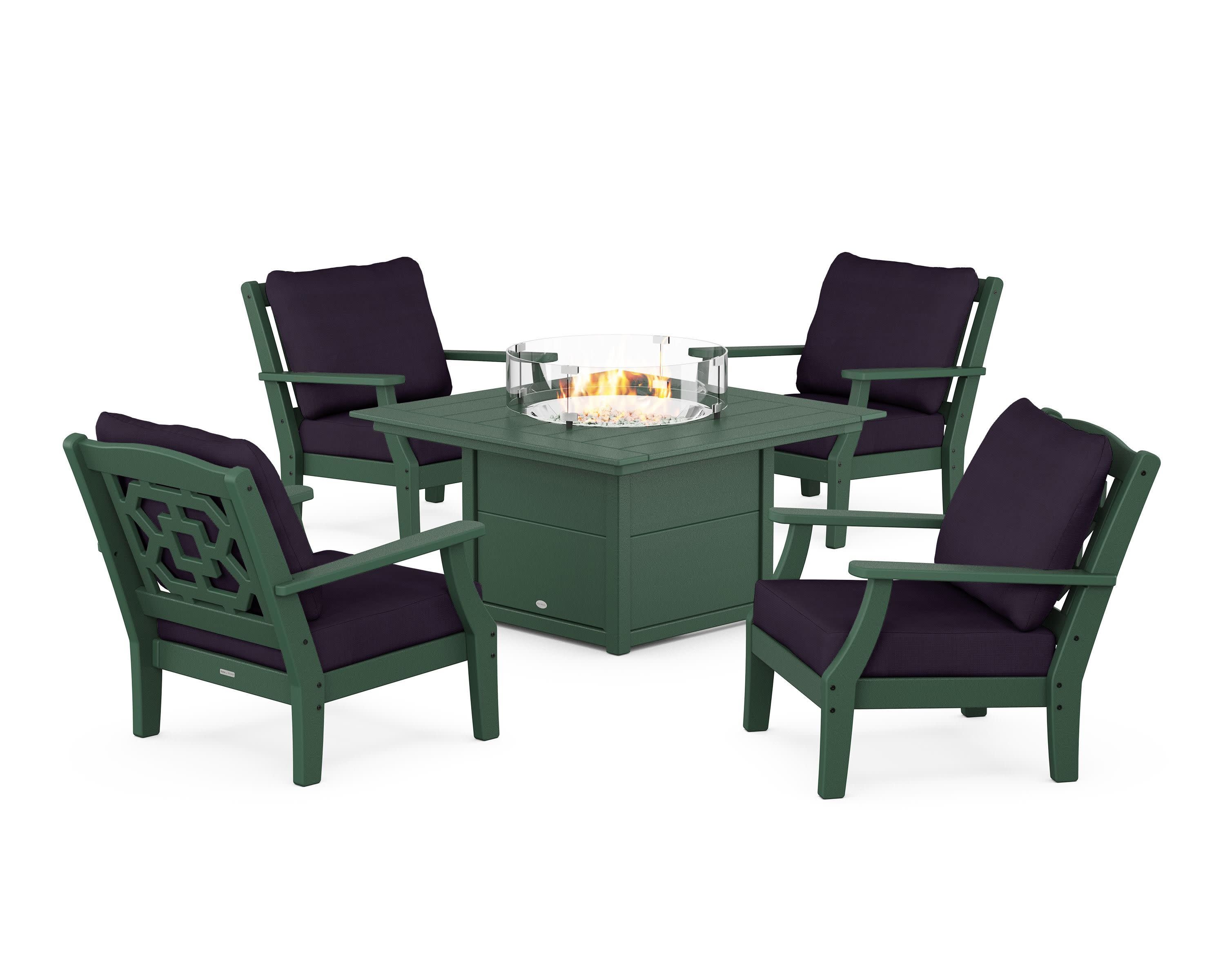 Chinoiserie 5-Piece Deep Seating Set with Fire Pit Table in Green / Navy Linen