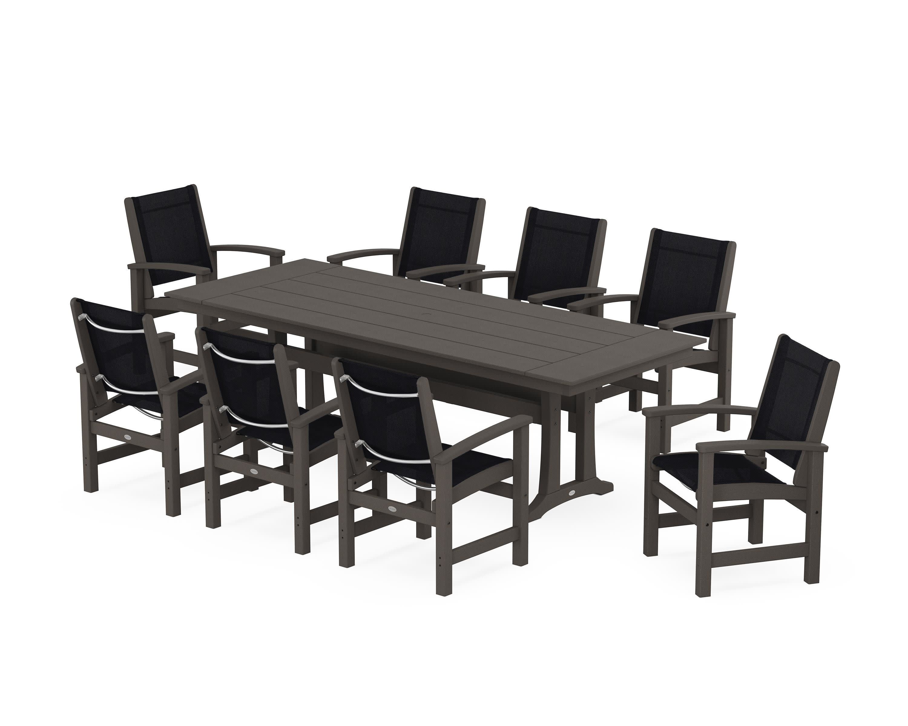 Coastal 9-Piece Farmhouse Dining Set with Trestle Legs in Vintage Coffee / Black Sling